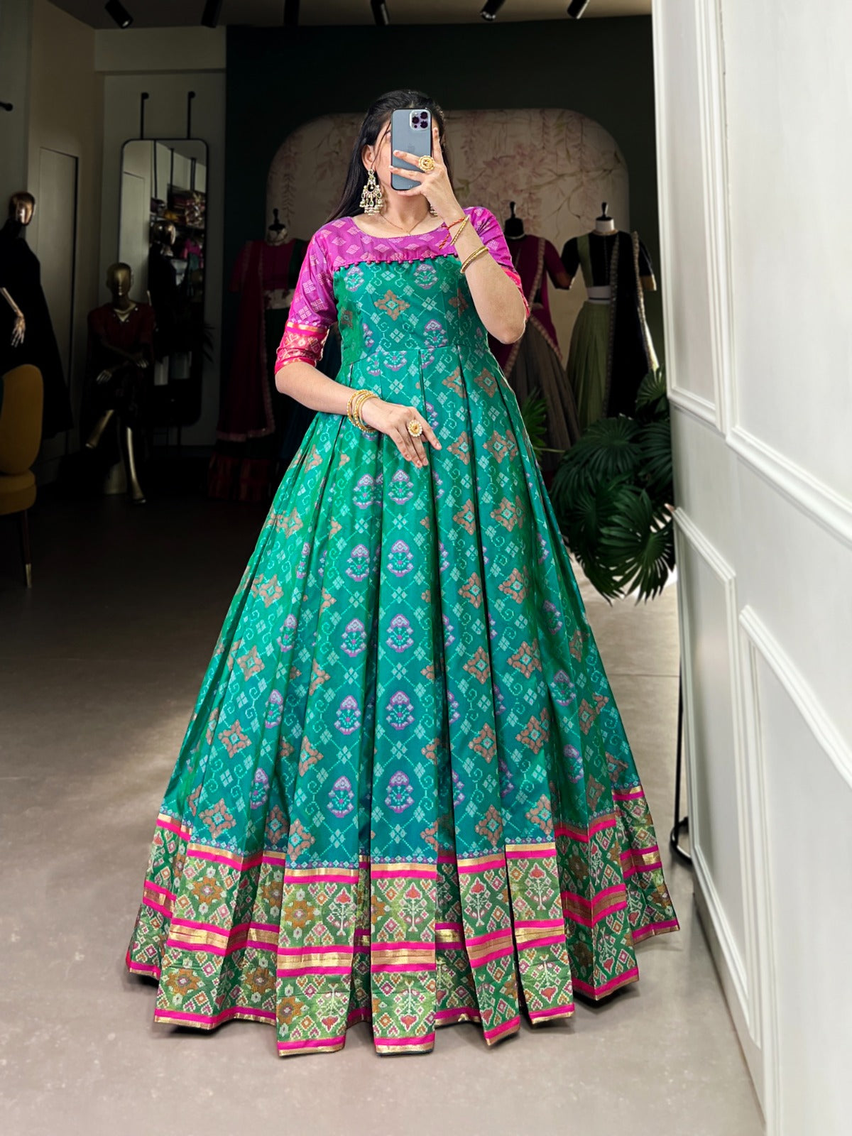 Hooriya Fashions Kanchivaram Gown Larch Size Stitched