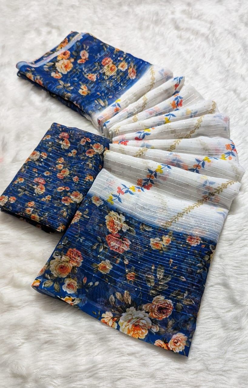 Elegant Blue Floral Eastern Wear Saree with contrasting blue floral blouse and white patterned pallu