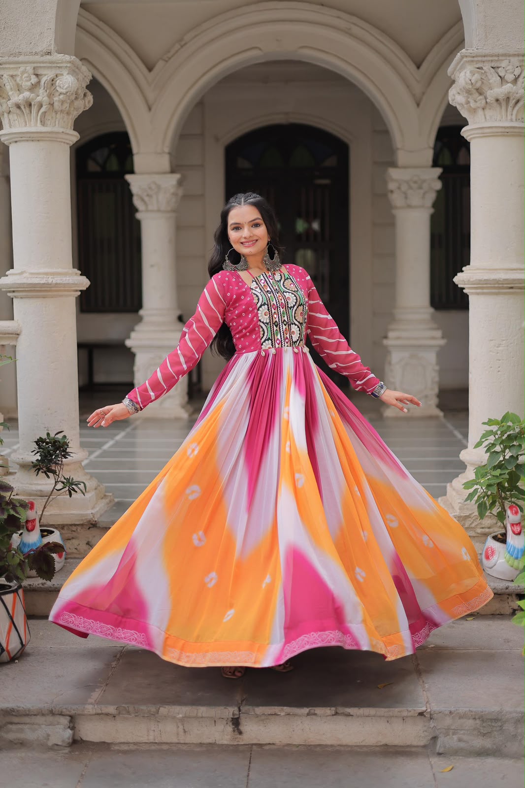 Designer Bandhej Gown with Gamthi Embroidery & Mirror Work