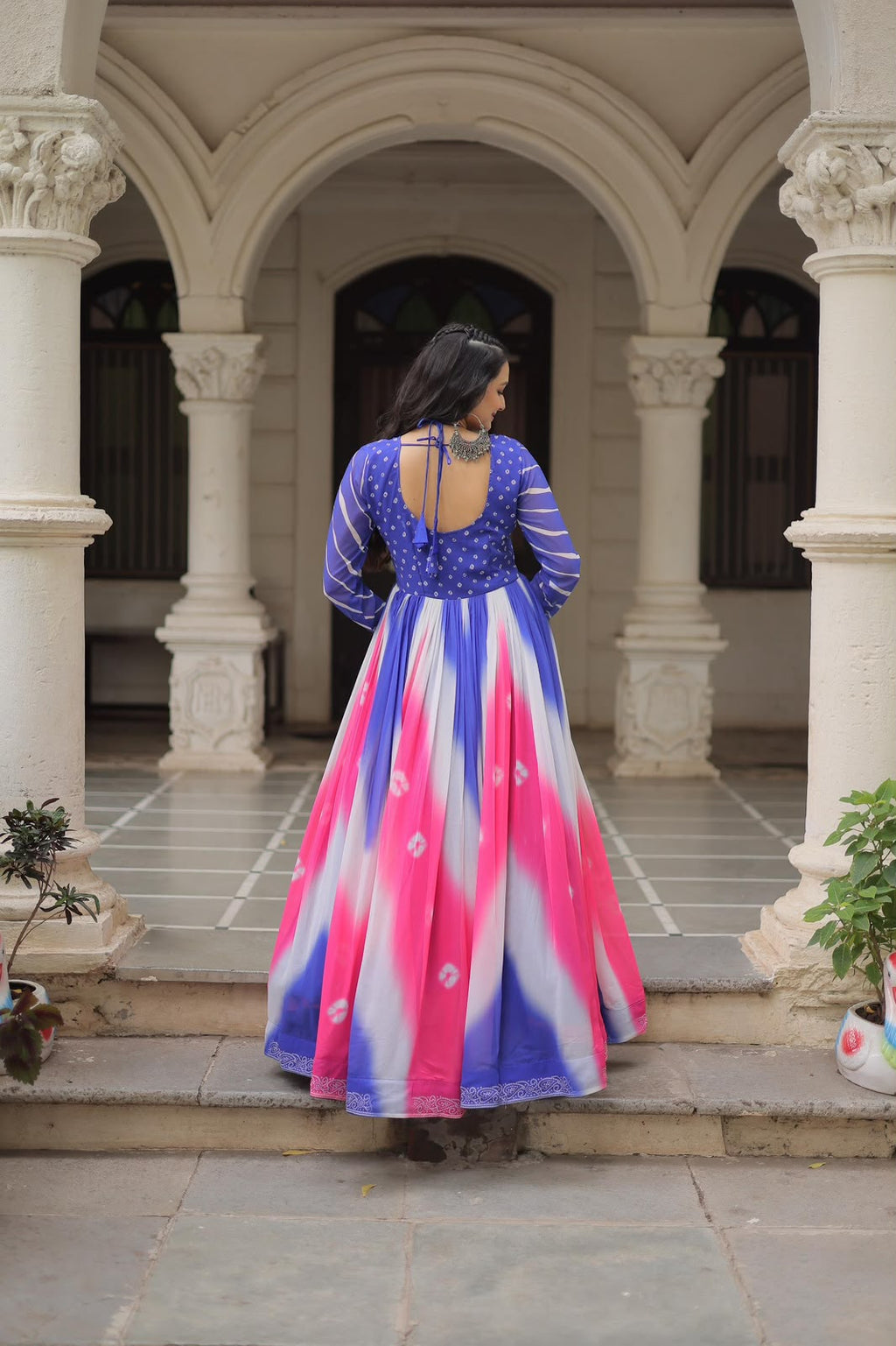 Designer Bandhej Gown with Gamthi Embroidery & Mirror Work