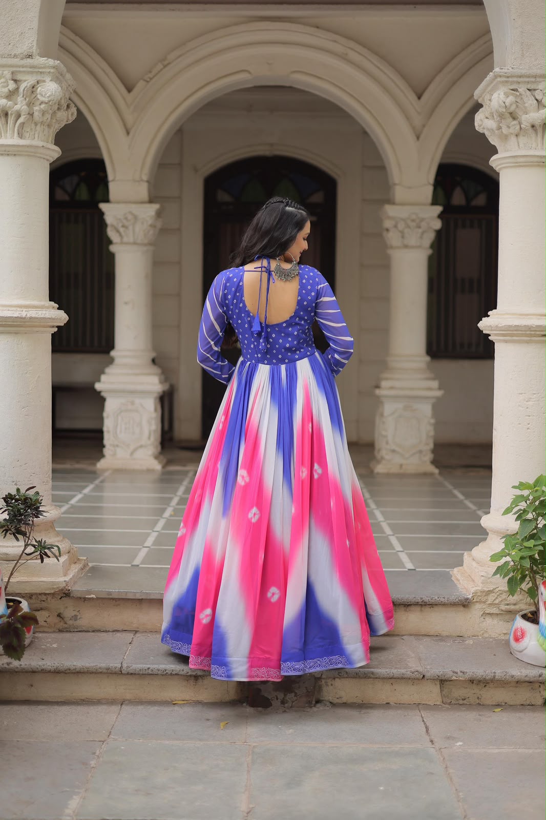 Designer Bandhej Gown with Gamthi Embroidery & Mirror Work