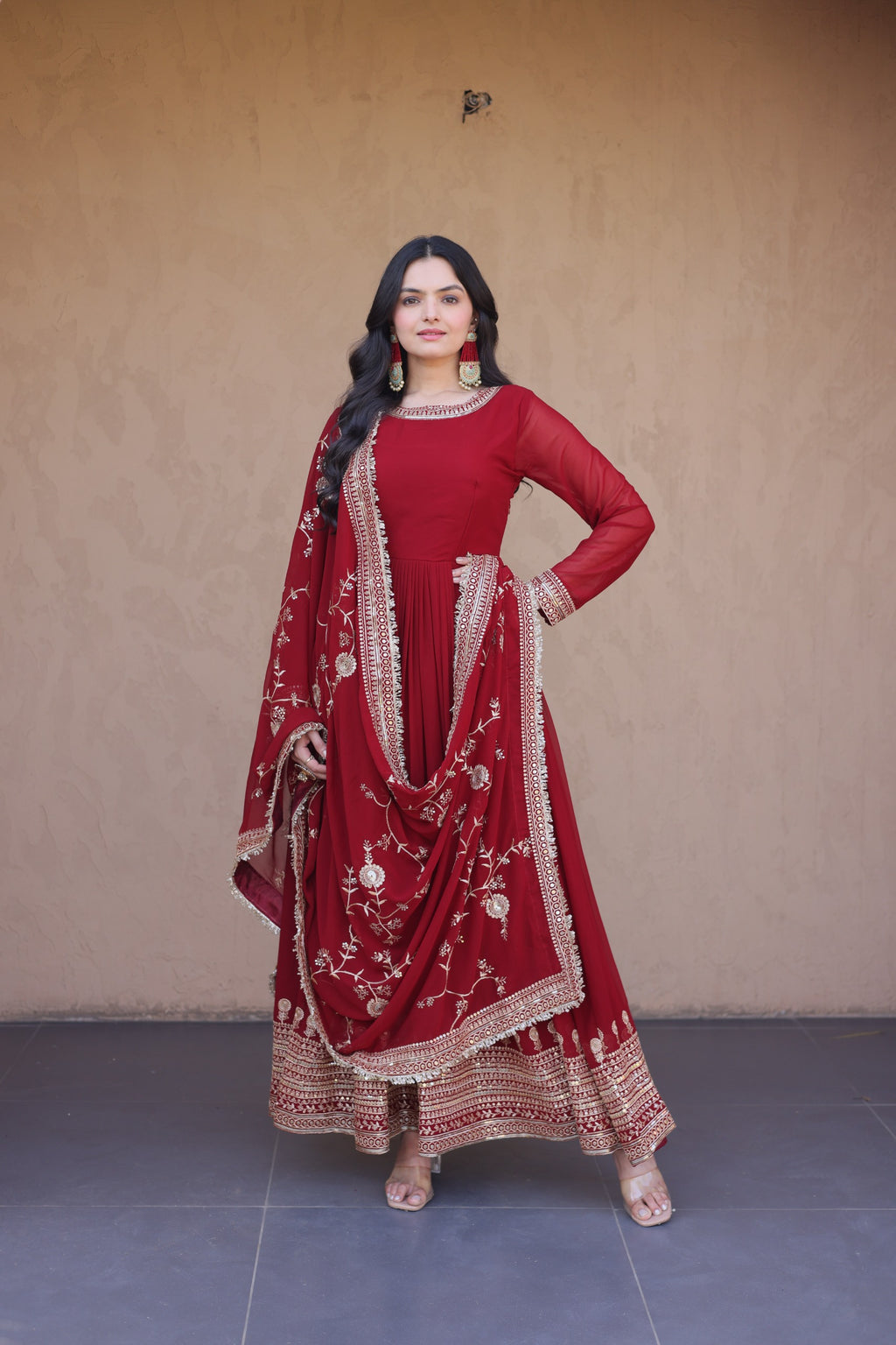 Premium Designer Ready-to-Wear Gown with Dupatta – Zari & Sequins Embroidery