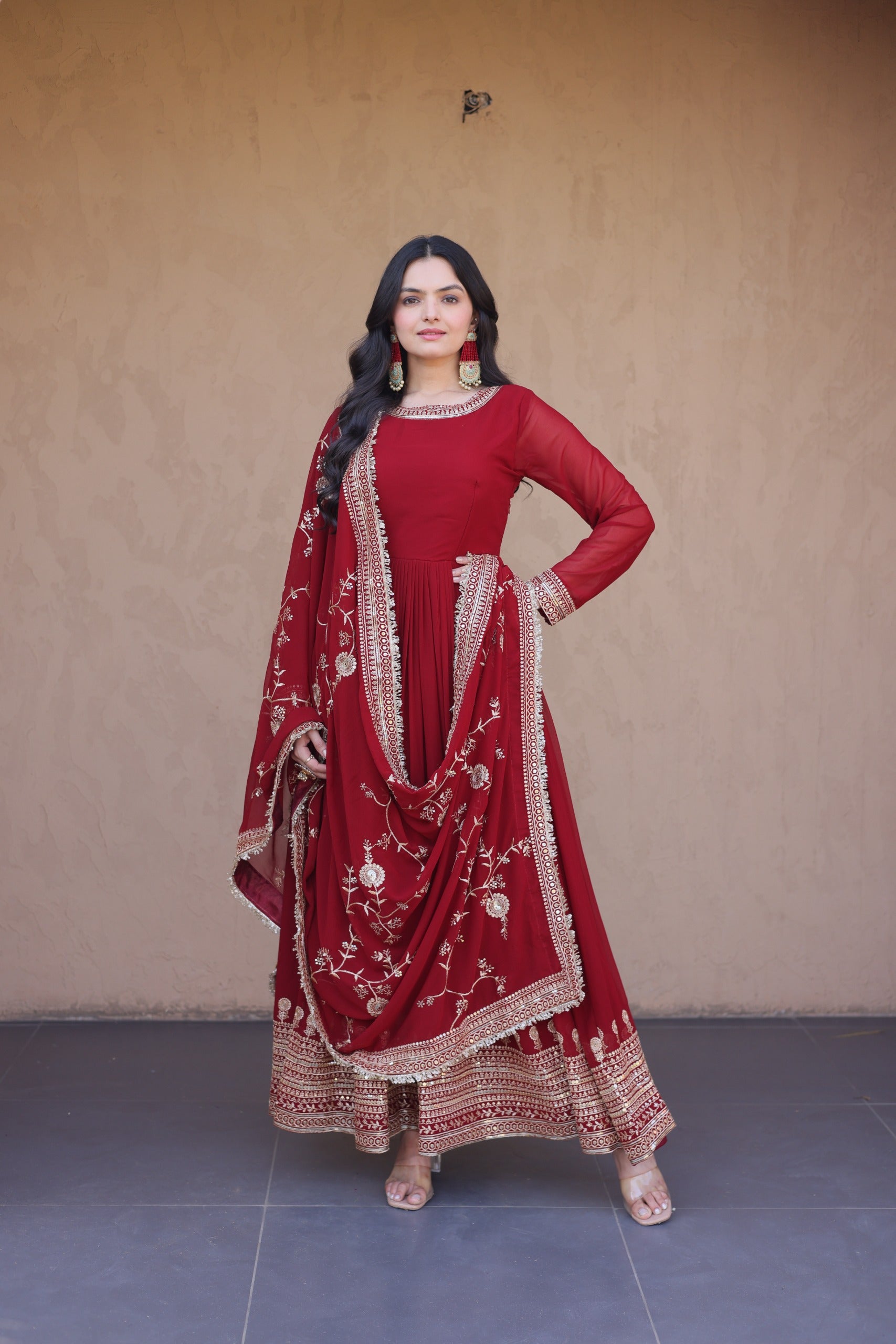 Premium Designer Ready-to-Wear Gown with Dupatta – Zari & Sequins Embroidery