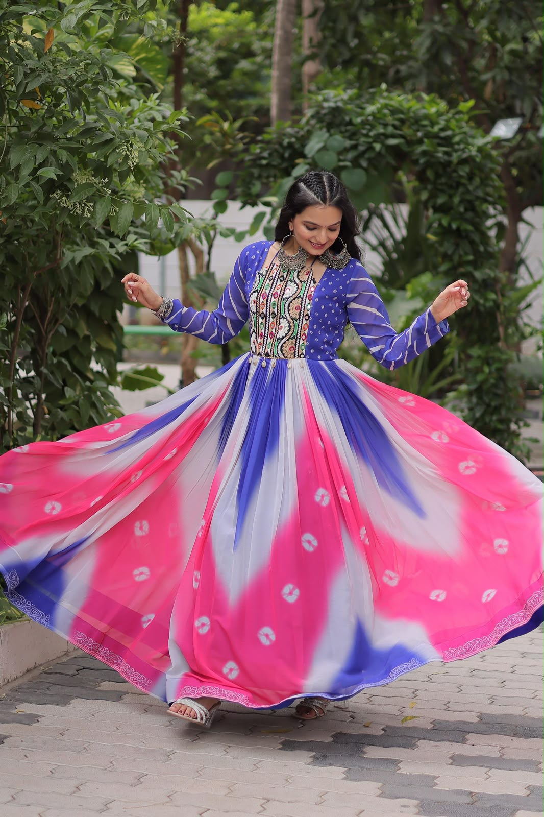 Designer Bandhej Gown with Gamthi Embroidery & Mirror Work