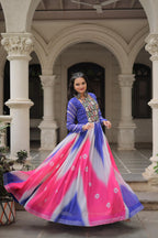 Designer Bandhej Gown with Gamthi Embroidery & Mirror Work