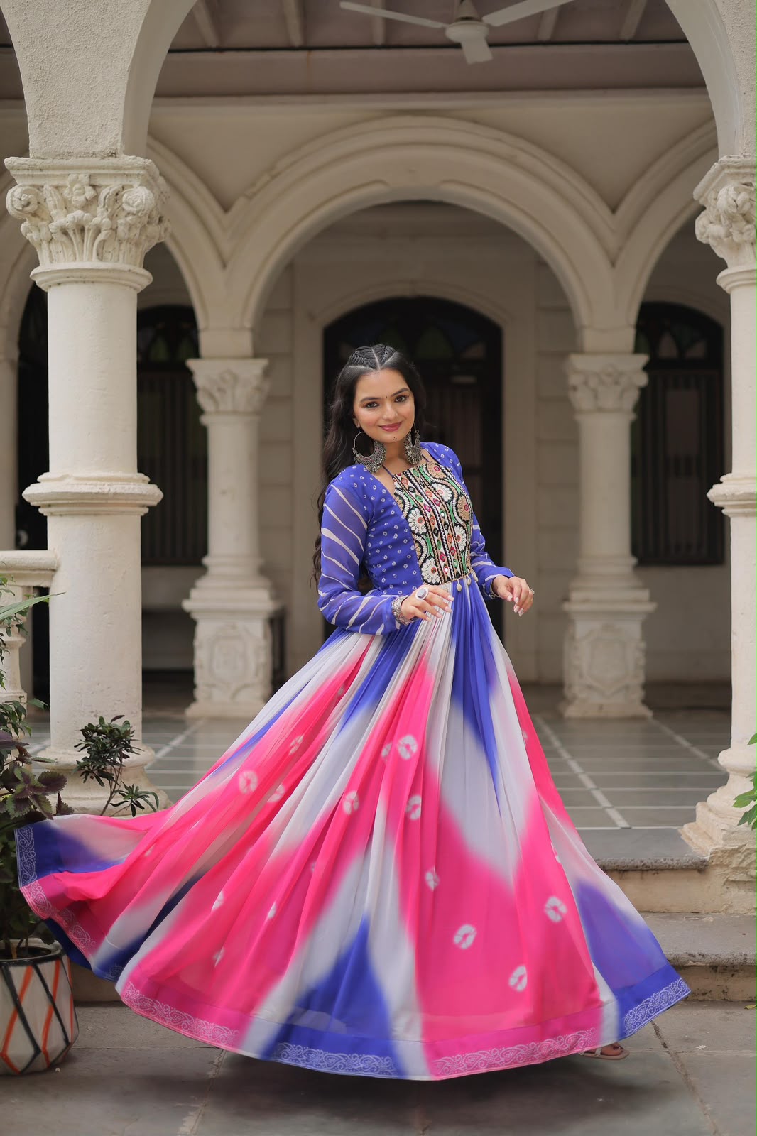 Designer Bandhej Gown with Gamthi Embroidery & Mirror Work