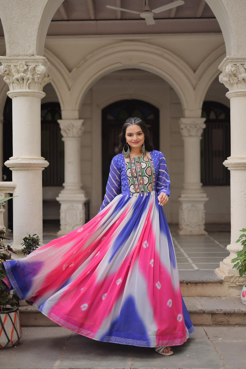Designer Bandhej Gown with Gamthi Embroidery & Mirror Work