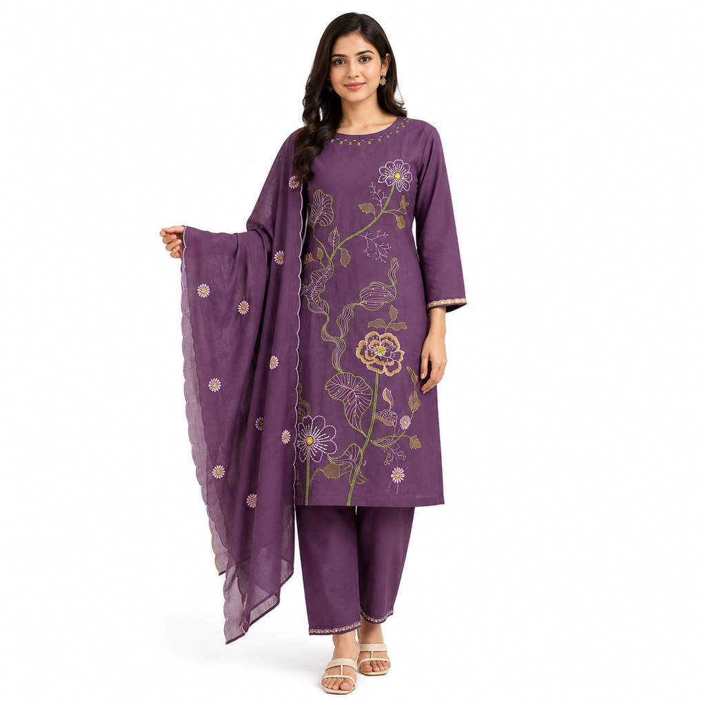 Premium Pure Cotton Embroidered Kurta Set with Dupatta
