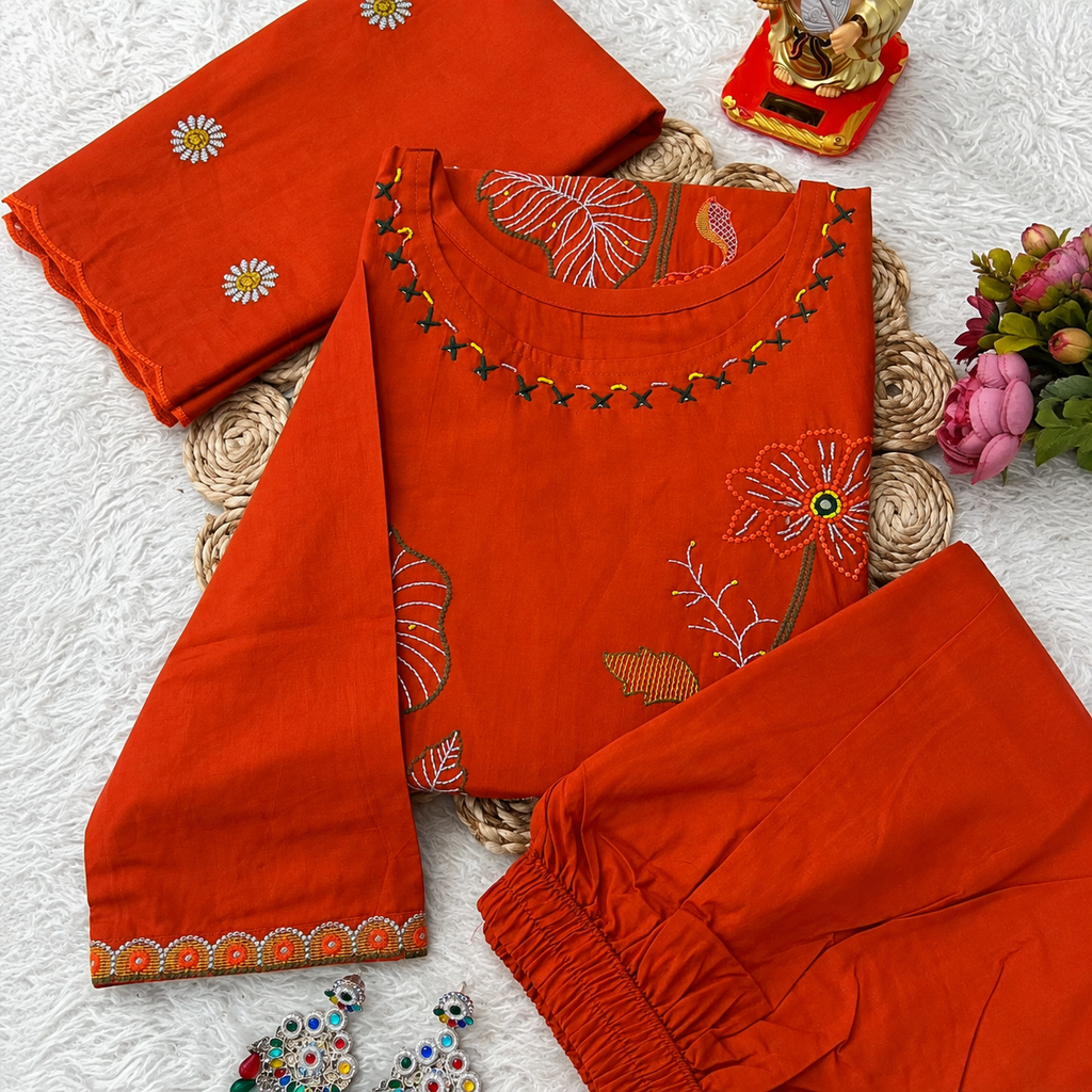 Premium Pure Cotton Embroidered Kurta Set with Dupatta