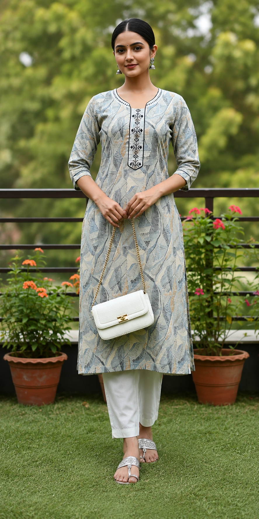 Viscose & Chinon Digital Print Kurti with Handwork Neck Design