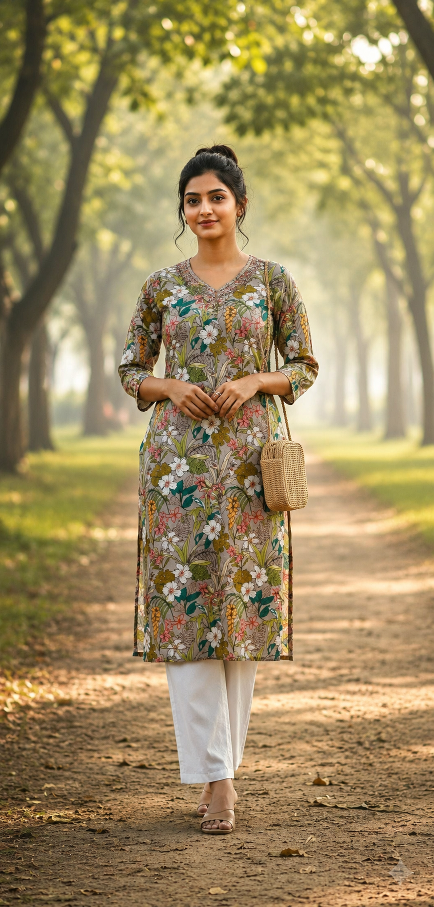 Viscose & Chinon Digital Print Kurti with Handwork Neck Design