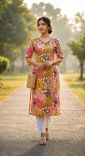 Viscose & Chinon Digital Print Kurti with Handwork Neck Design