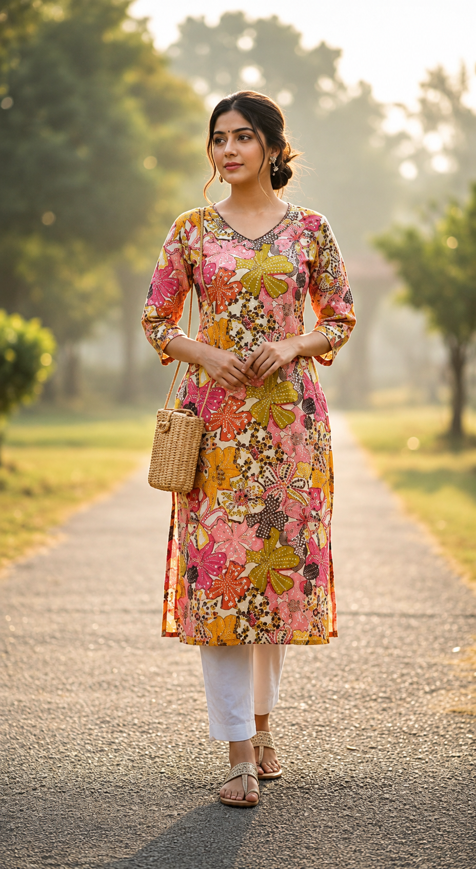 Viscose & Chinon Digital Print Kurti with Handwork Neck Design