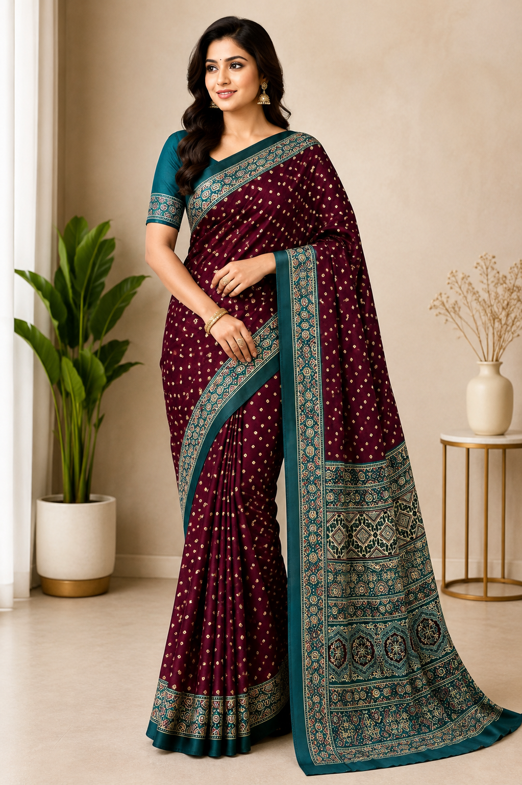 Premium Gajji Bandhej Saree – Soft Silk Feel with Blouse =Red