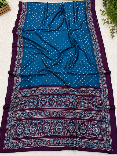 Gajji Bandhej Saree – Soft Silk Feel with Blouse-Peacock Blue