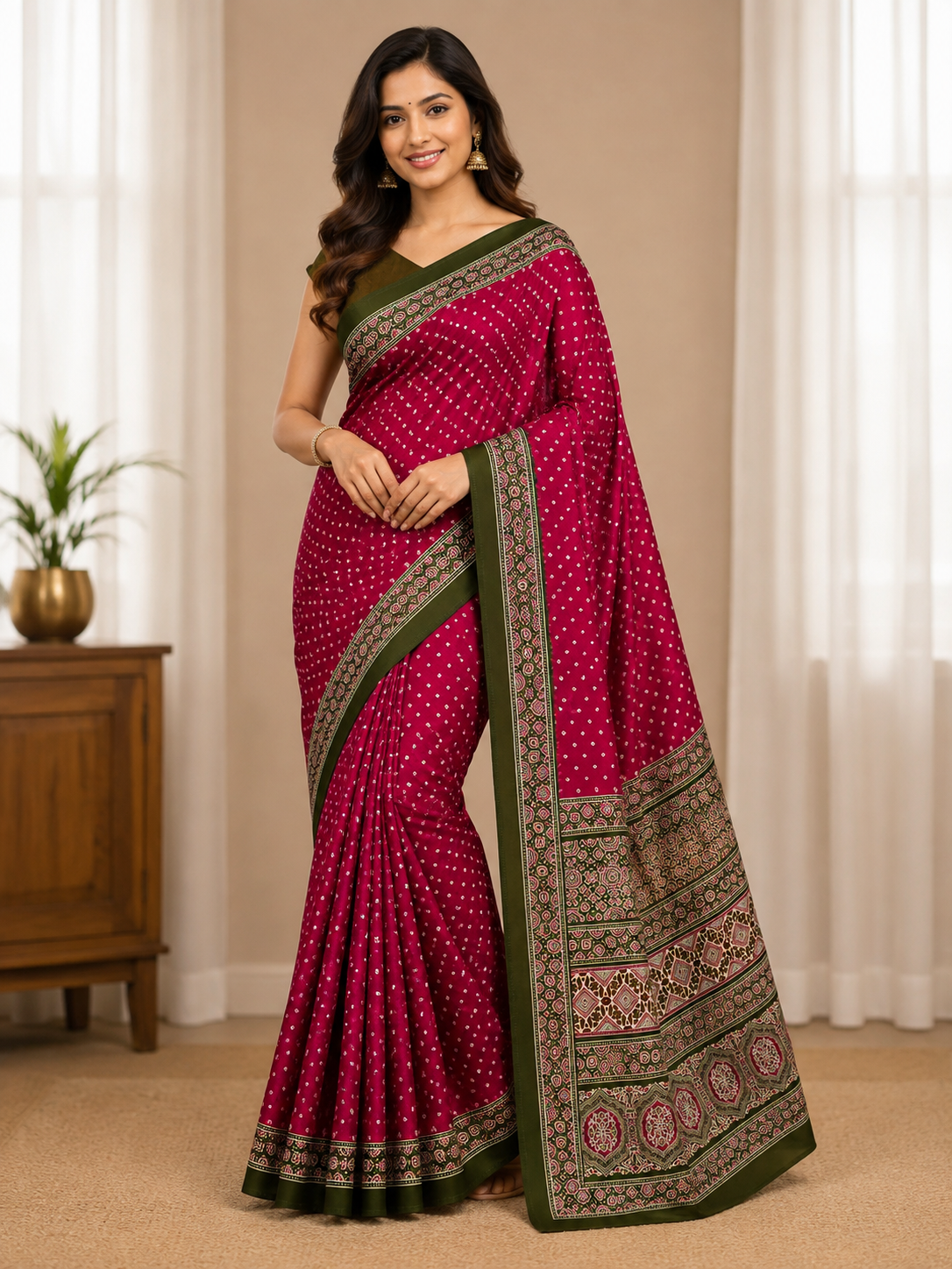 Premium Gajji Bandhej Saree – Soft Silk Feel with Blouse-Maroon