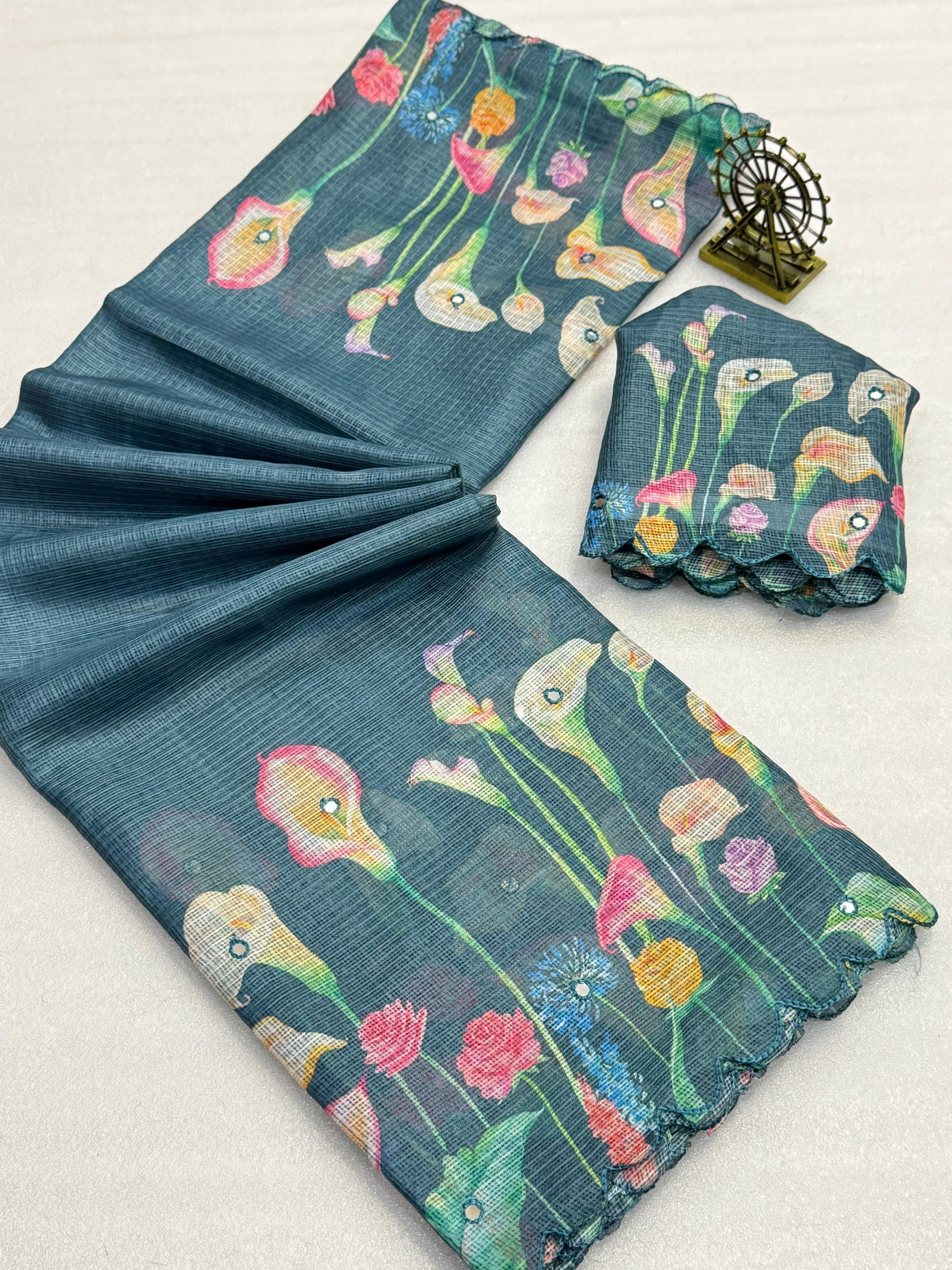 Hooriya fashions - Soft Kota Chex with floral digital printed saree