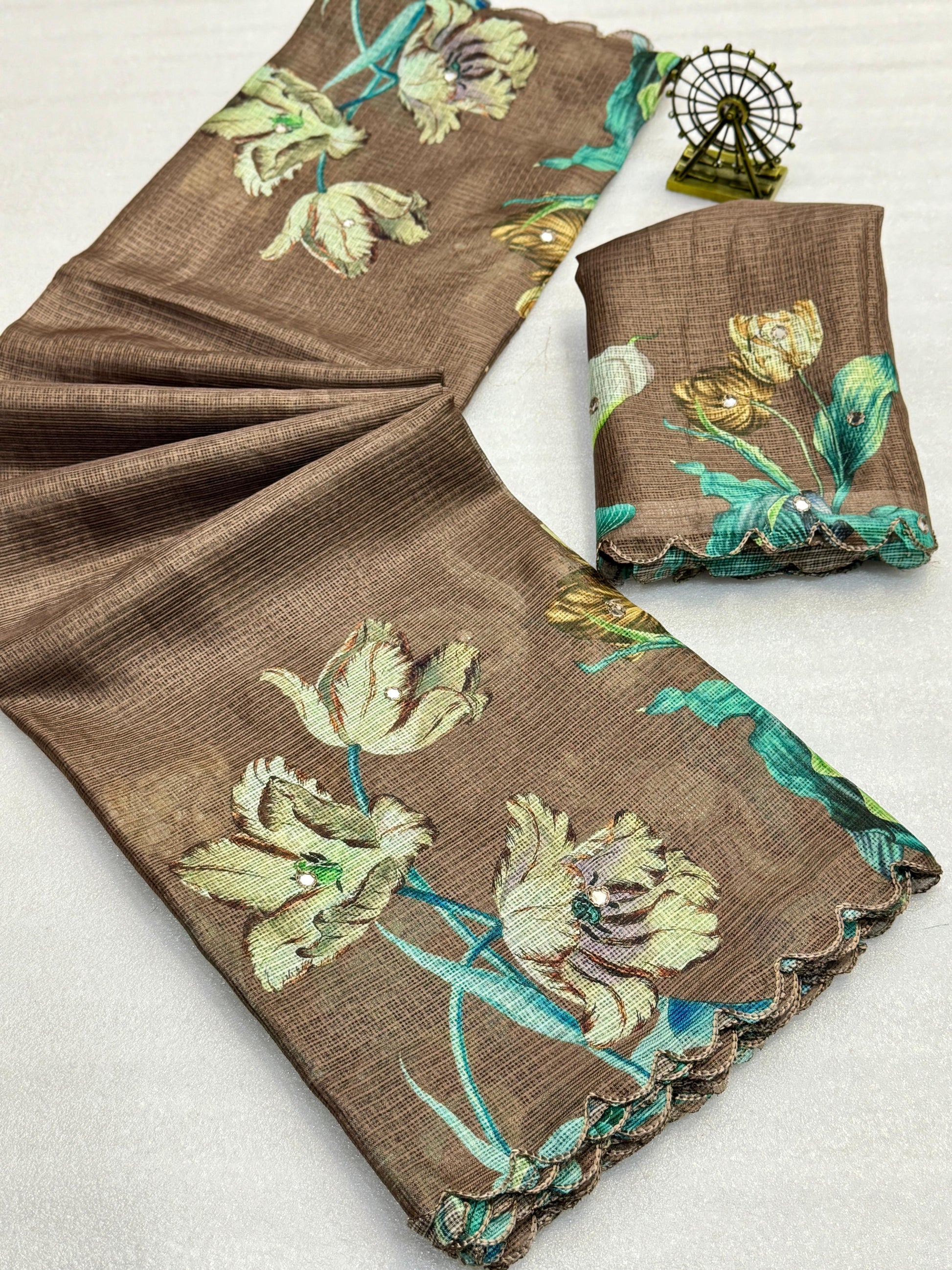 Hooriya fashions - Soft Kota Chex with floral digital printed saree