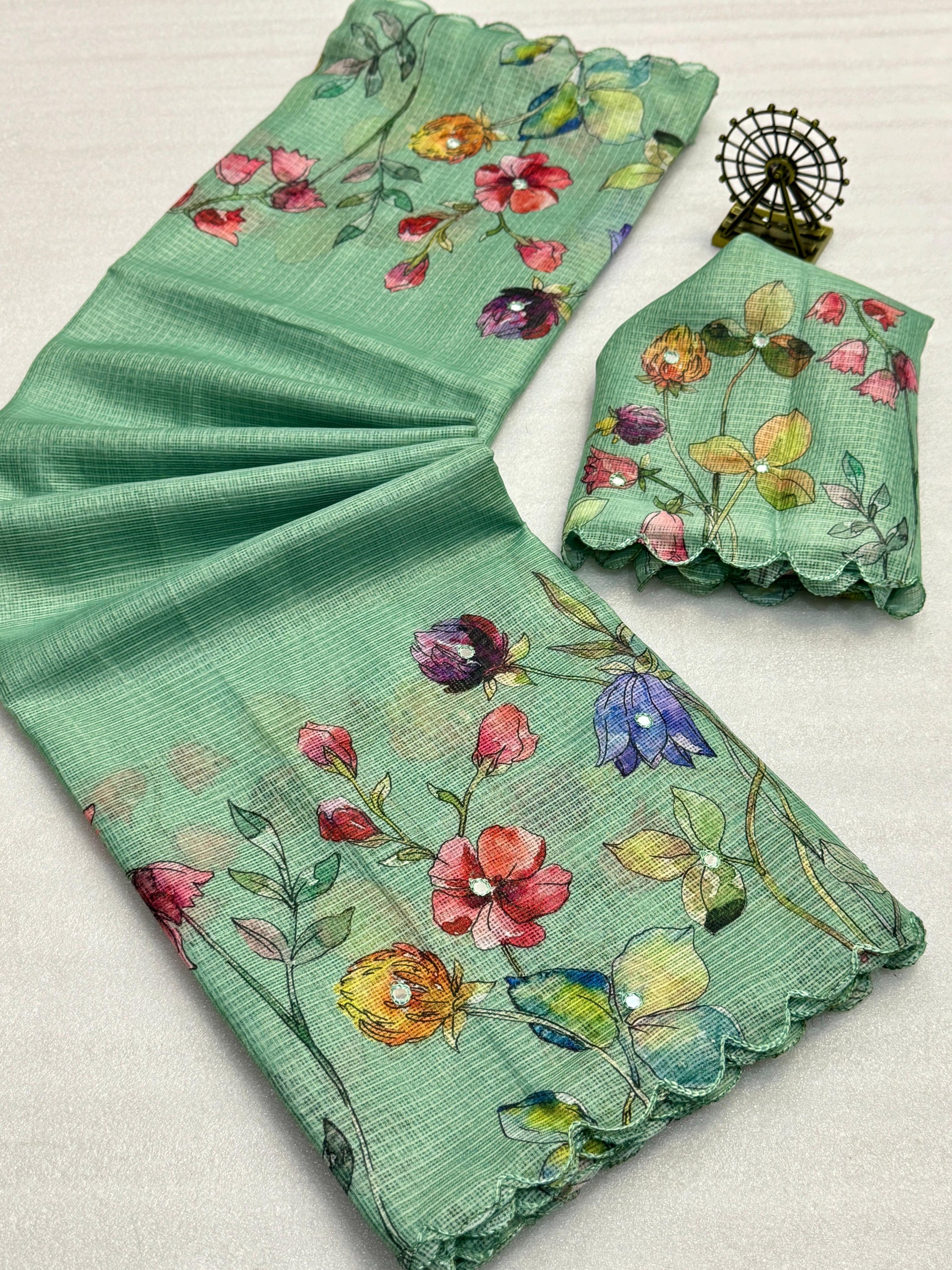 Hooriya fashions - Soft Kota Chex with floral digital printed saree