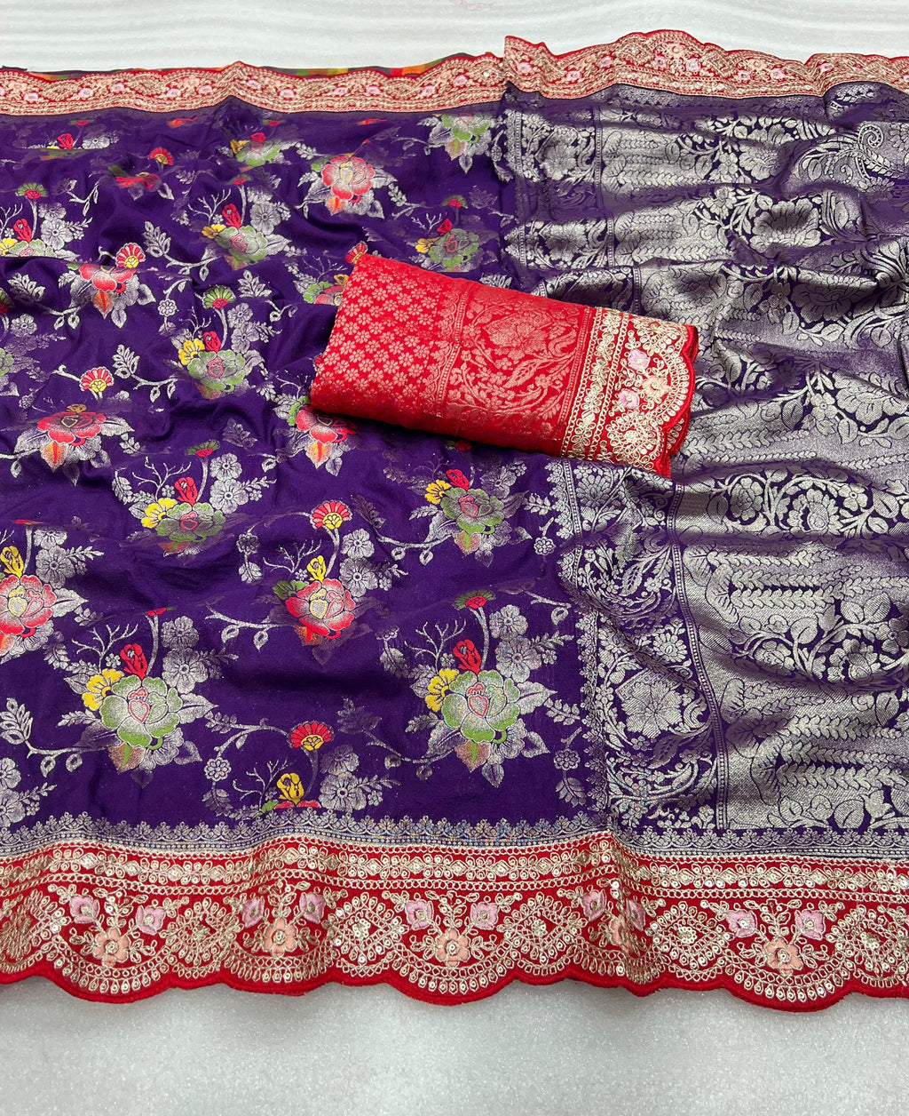 Pure Banarasi Crep Georgette Jaqurad Weveing meenakari Janglo jaal weveing with beautiful Rich pallu saree and heavy Broket Weveing blouse piece
