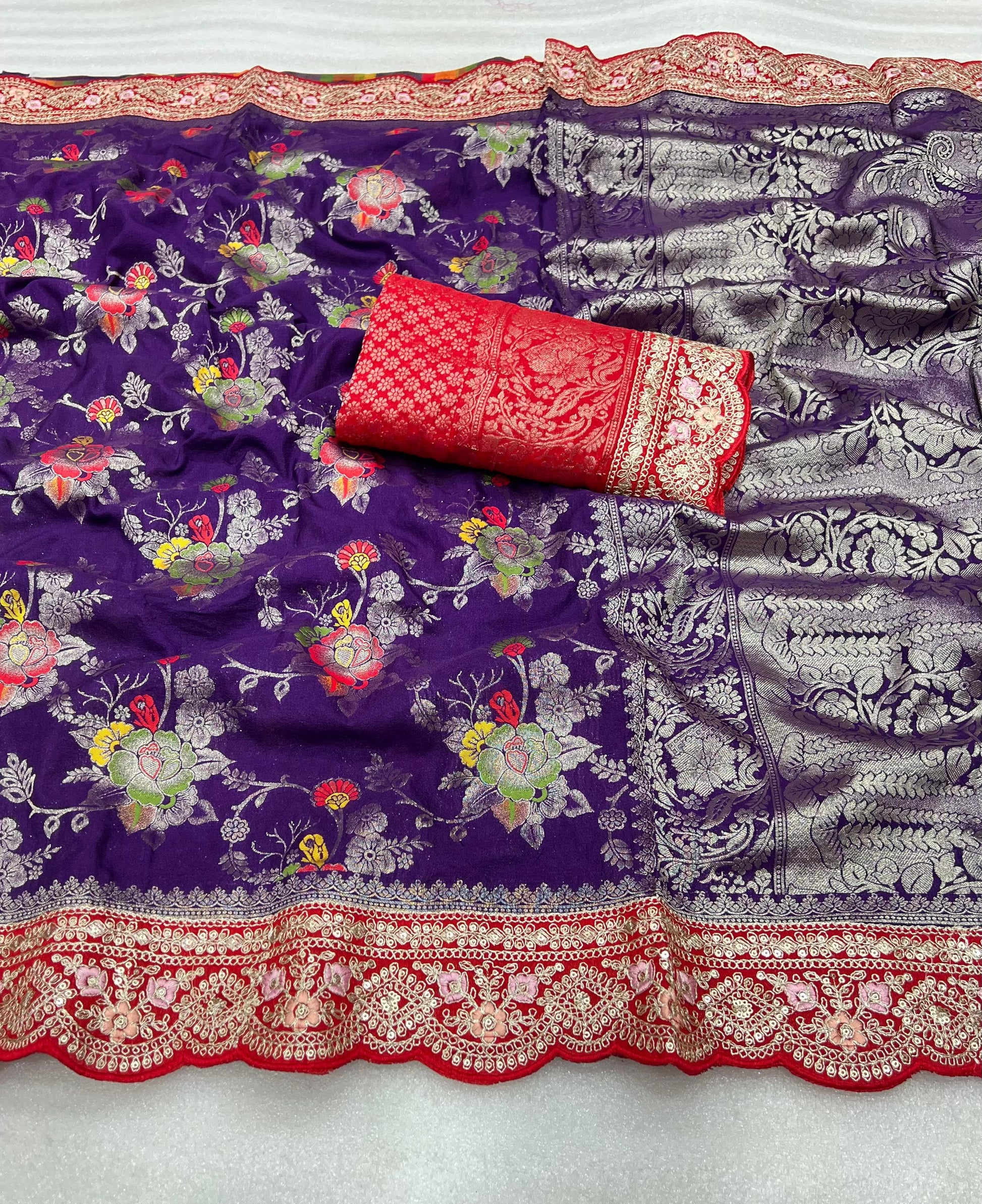 Pure Banarasi Crep Georgette Jaqurad Weveing meenakari Janglo jaal weveing with beautiful Rich pallu saree and heavy Broket Weveing blouse piece