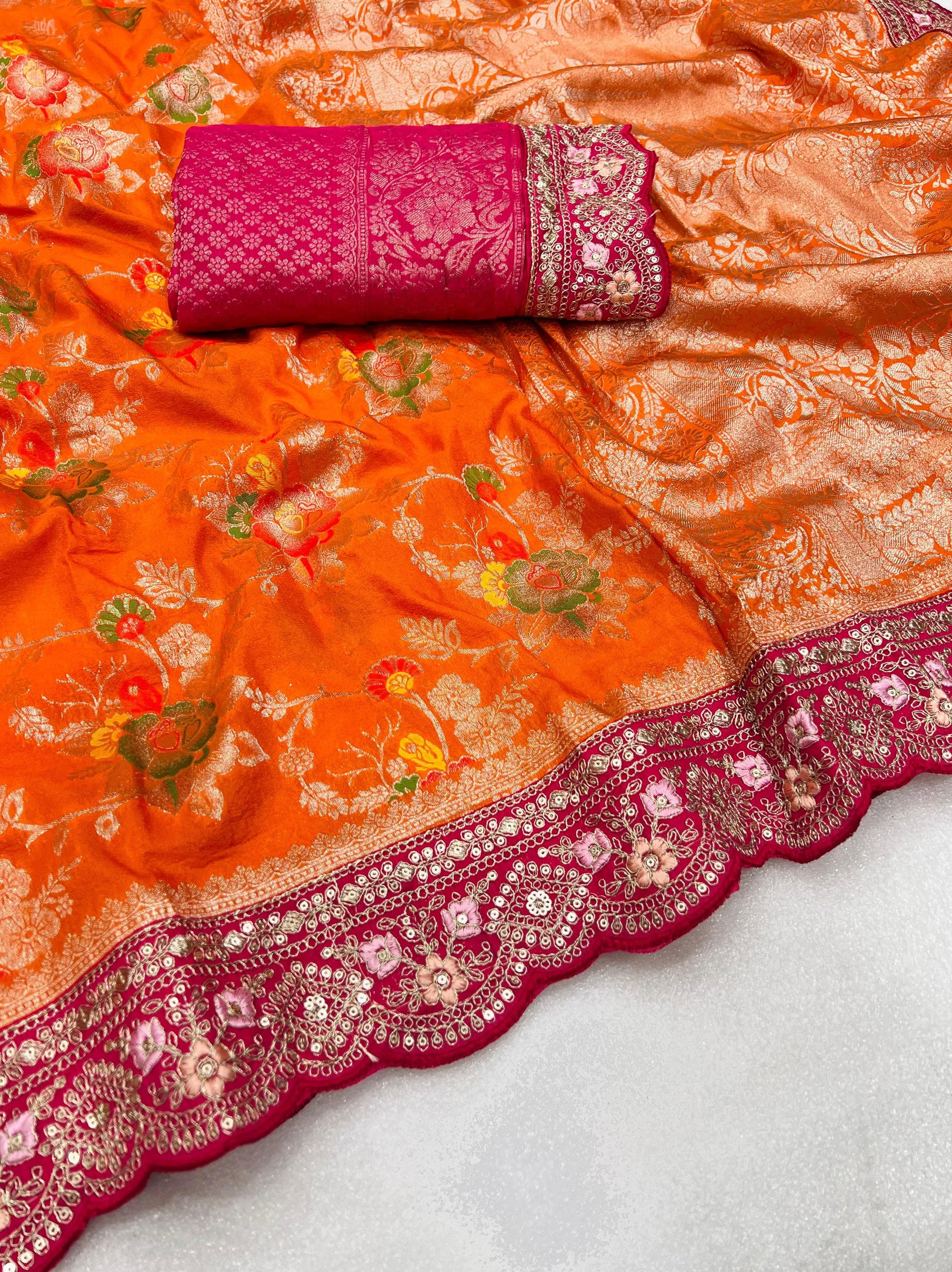 Pure Banarasi Crep Georgette Jaqurad Weveing meenakari Janglo jaal weveing with beautiful Rich pallu saree and heavy Broket Weveing blouse piece