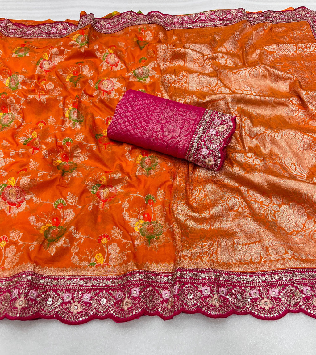 Pure Banarasi Crep Georgette Jaqurad Weveing meenakari Janglo jaal weveing with beautiful Rich pallu saree and heavy Broket Weveing blouse piece