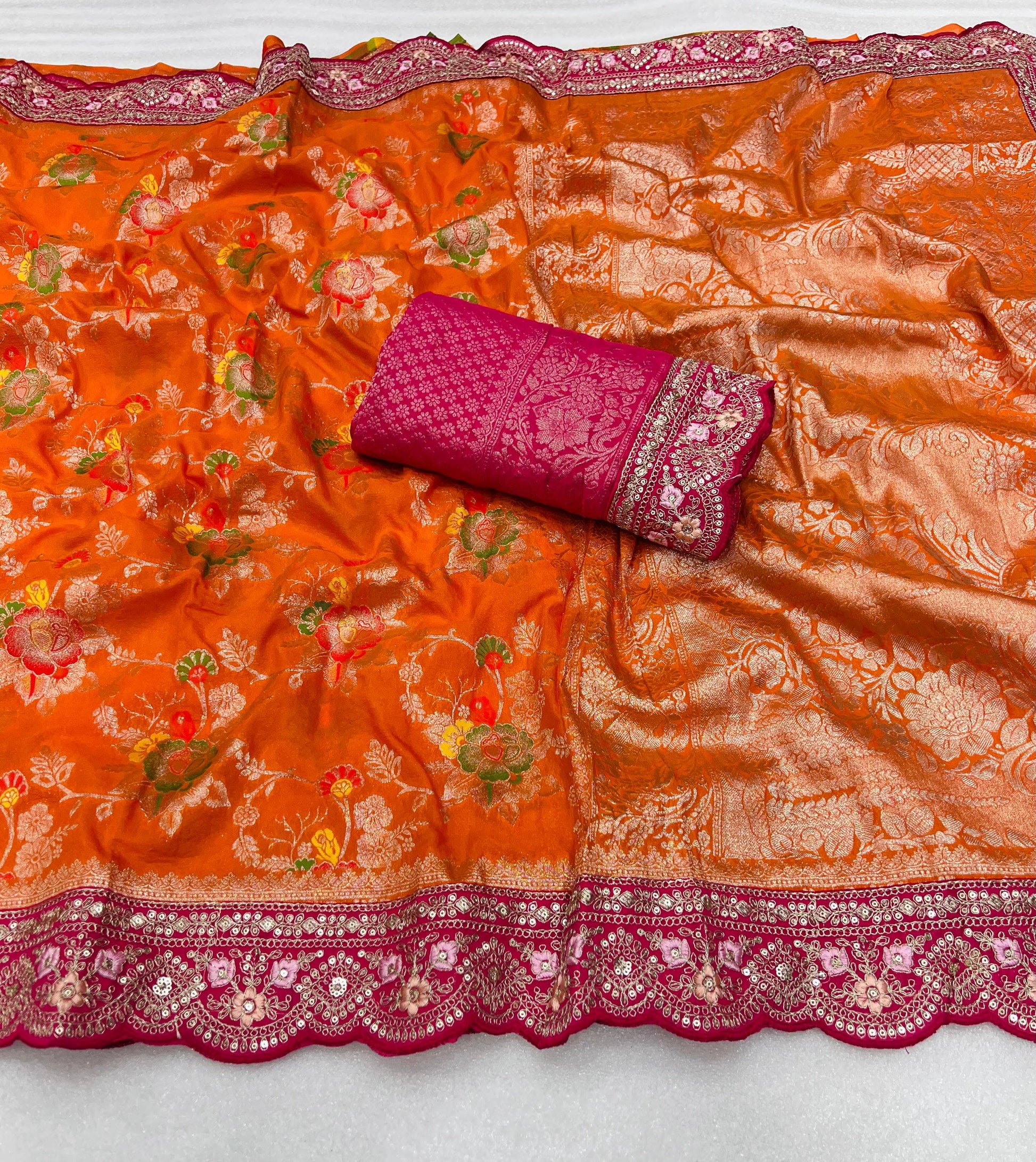 Pure Banarasi Crep Georgette Jaqurad Weveing meenakari Janglo jaal weveing with beautiful Rich pallu saree and heavy Broket Weveing blouse piece