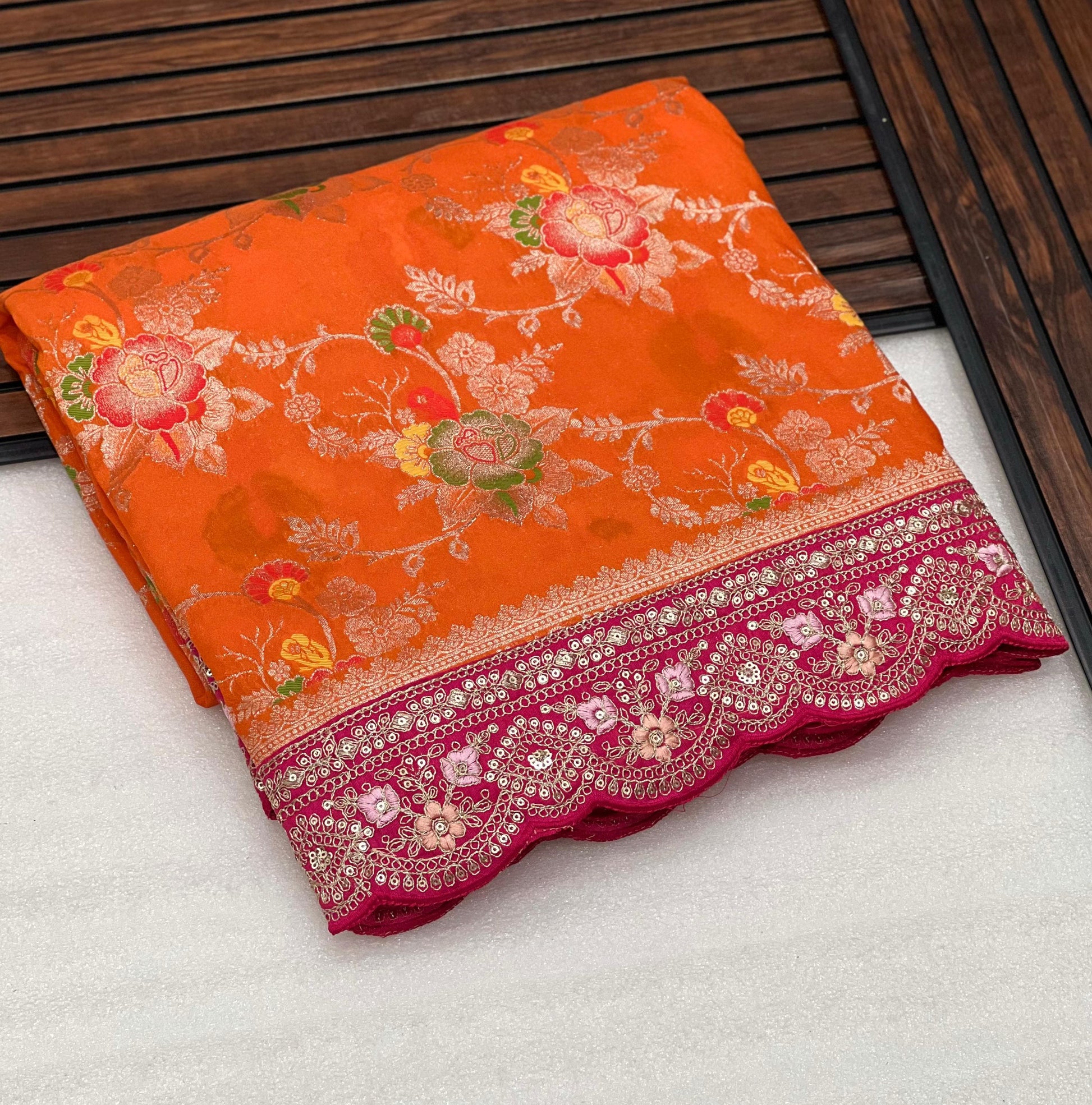 Pure Banarasi Crep Georgette Jaqurad Weveing meenakari Janglo jaal weveing with beautiful Rich pallu saree and heavy Broket Weveing blouse piece