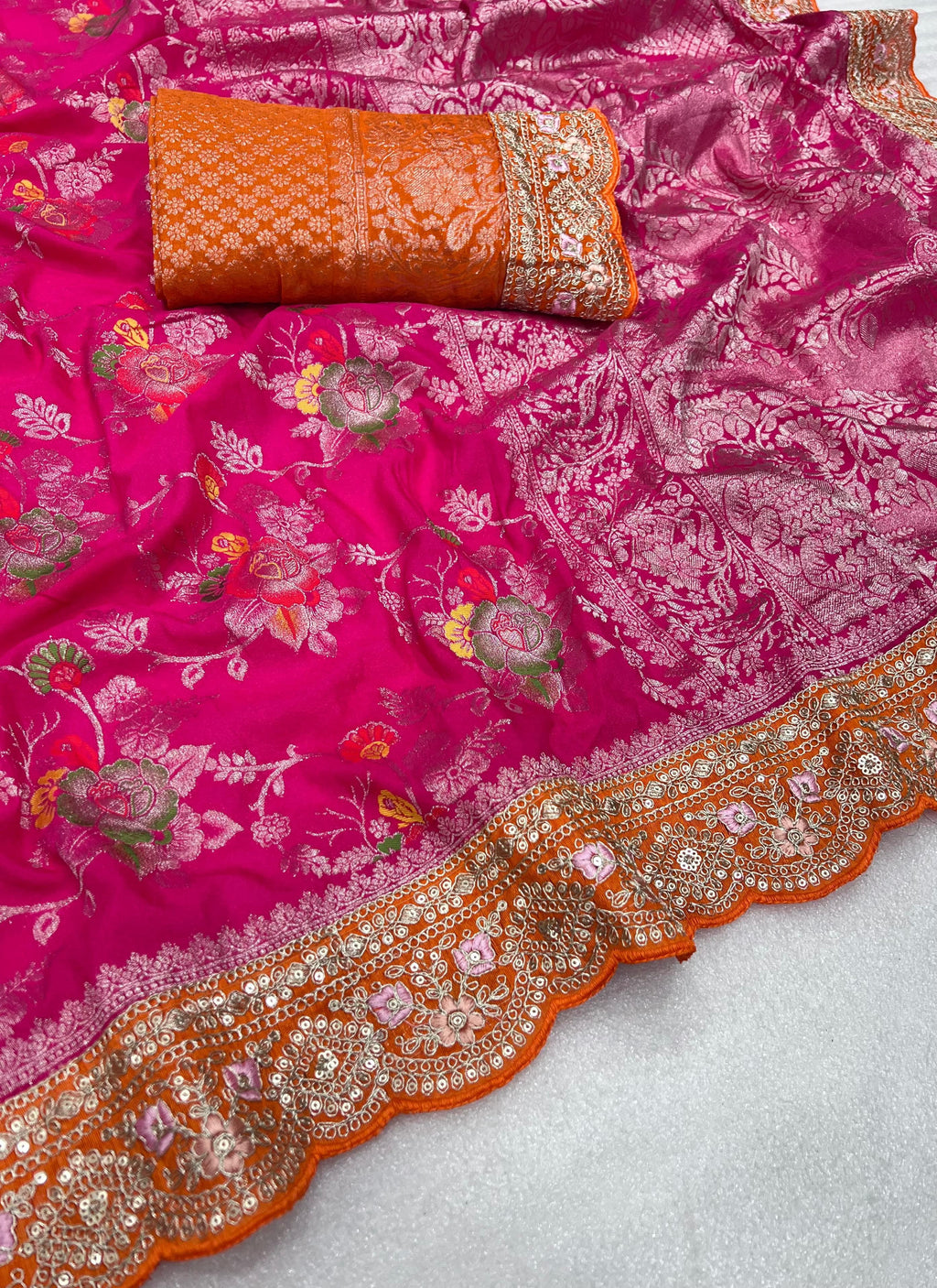 Pure Banarasi Crep Georgette Jaqurad Weveing meenakari Janglo jaal weveing with beautiful Rich pallu saree and heavy Broket Weveing blouse piece