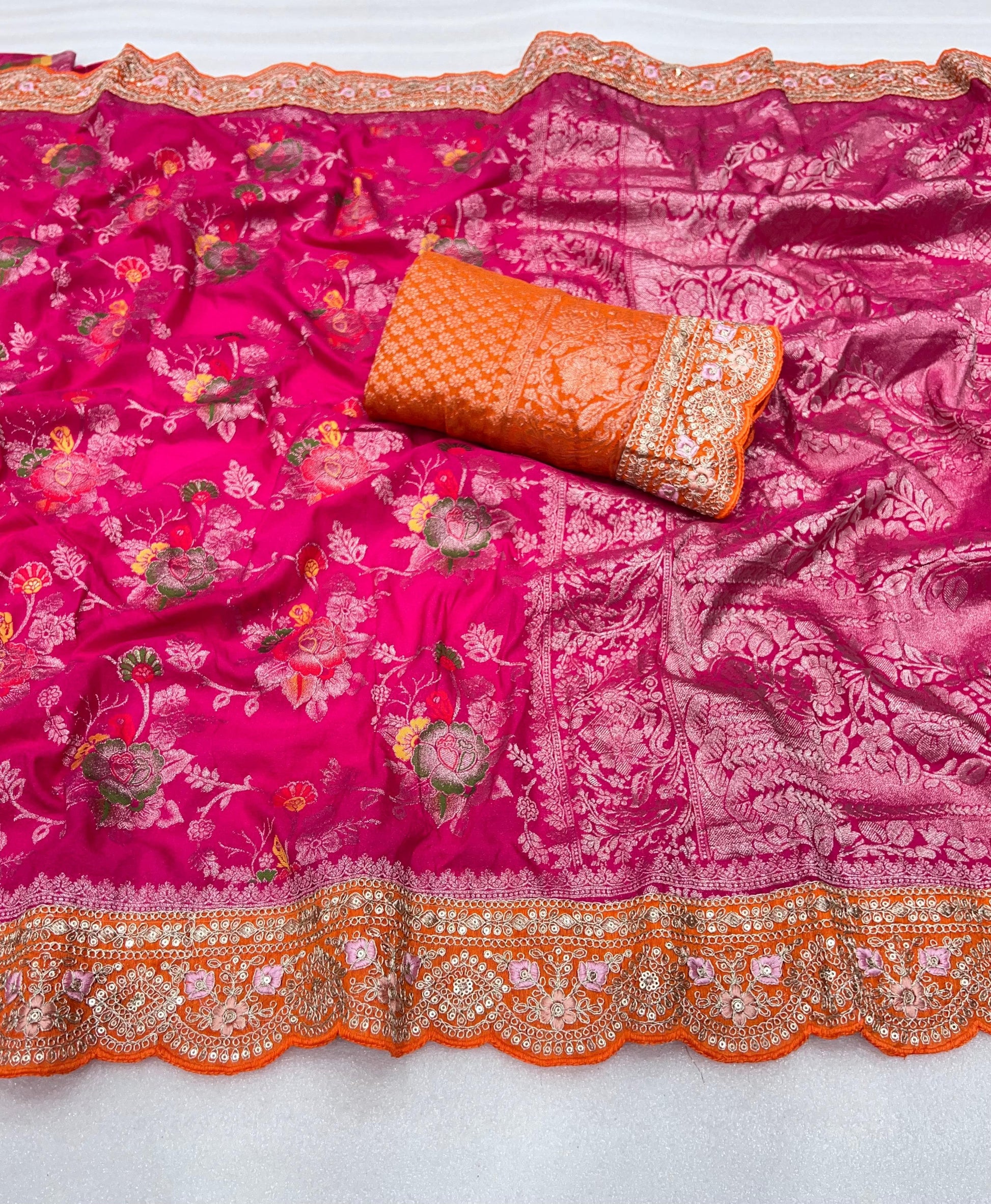 Pure Banarasi Crep Georgette Jaqurad Weveing meenakari Janglo jaal weveing with beautiful Rich pallu saree and heavy Broket Weveing blouse piece