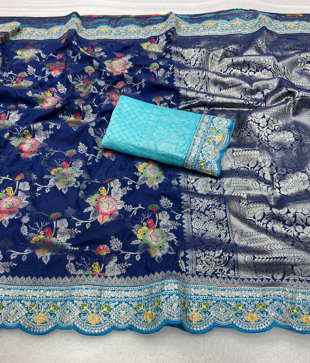 Pure Banarasi Crep Georgette Jaqurad Weveing meenakari Janglo jaal weveing with beautiful Rich pallu saree and heavy Broket Weveing blouse piece