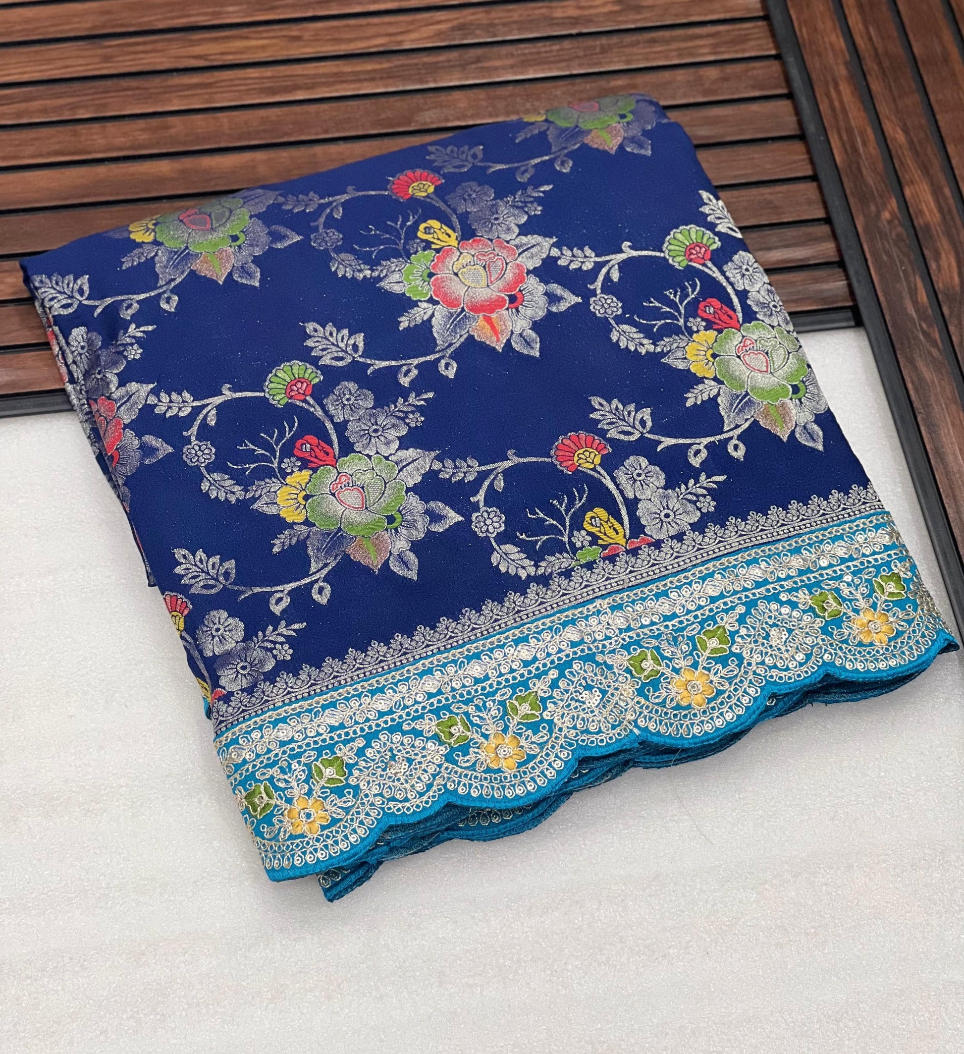 Pure Banarasi Crep Georgette Jaqurad Weveing meenakari Janglo jaal weveing with beautiful Rich pallu saree and heavy Broket Weveing blouse piece