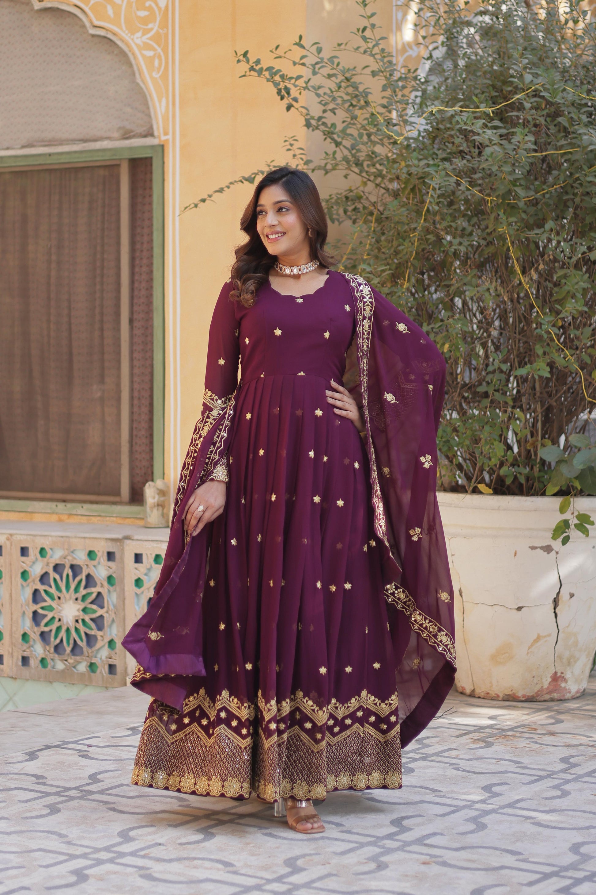 Hooriya fashions -Faux Blooming Georgette With Zari &amp; Sequins Embroidery Gown