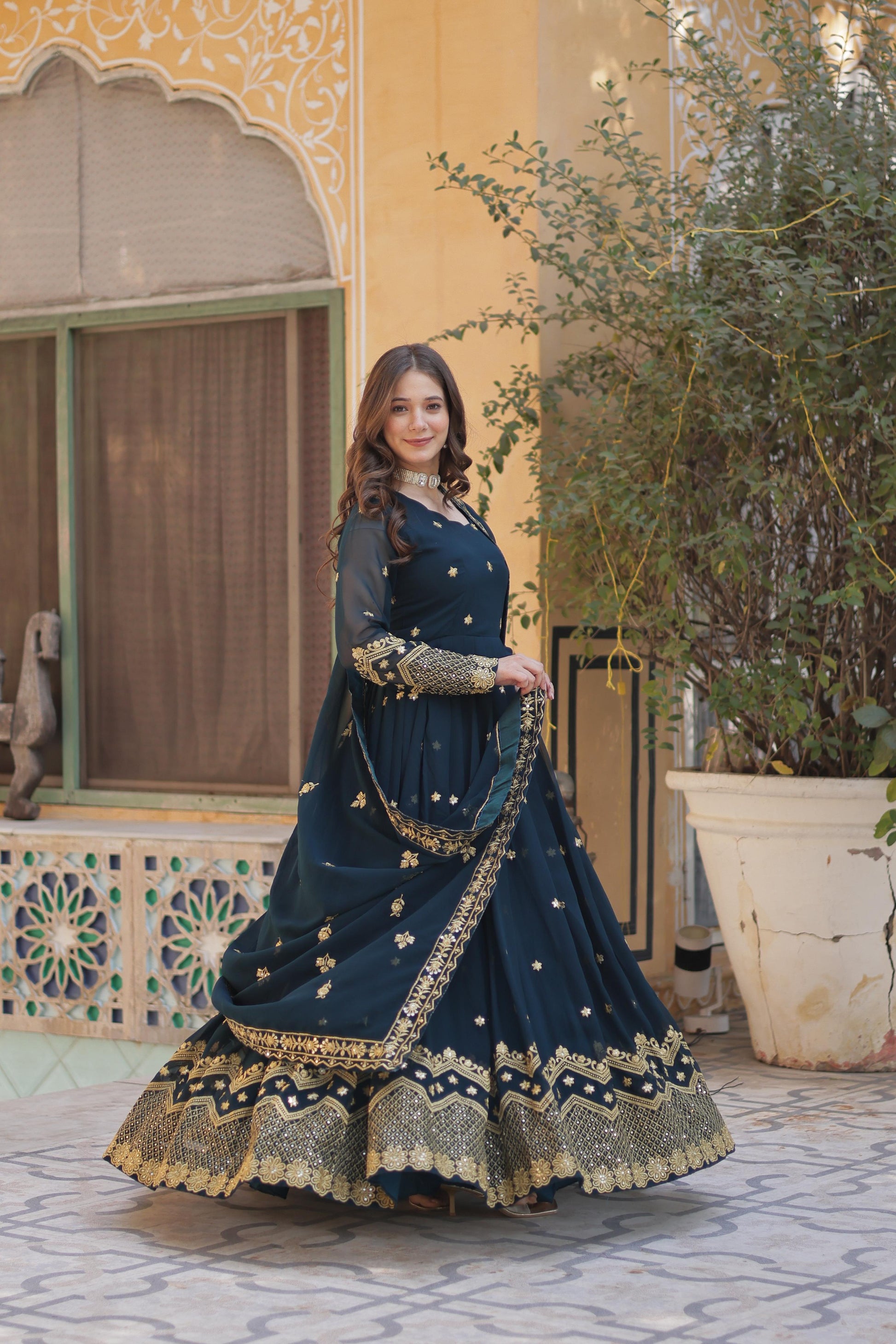 Hooriya fashions -Faux Blooming Georgette With Zari &amp; Sequins Embroidery Gown