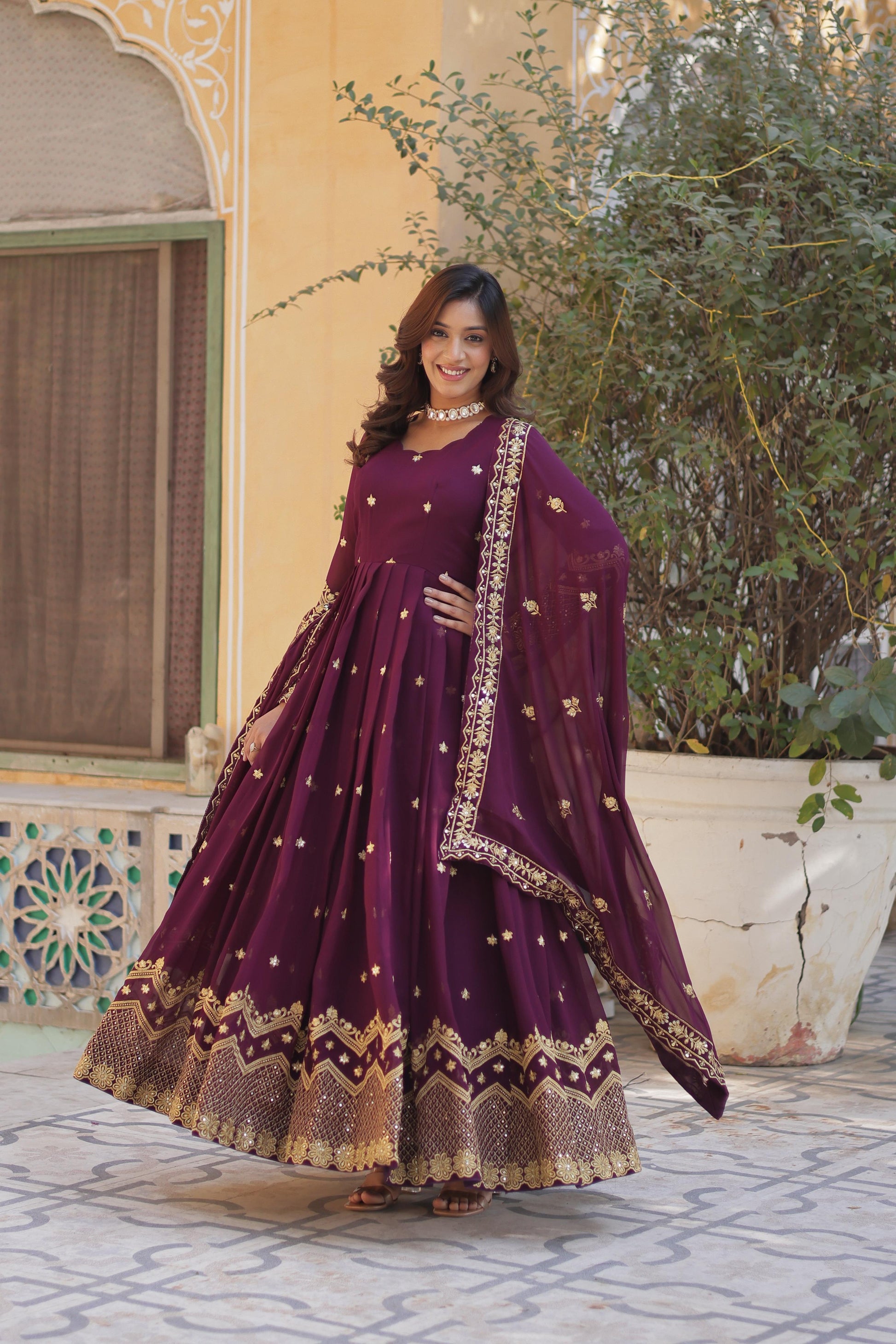 Hooriya fashions -Faux Blooming Georgette With Zari &amp; Sequins Embroidery Gown
