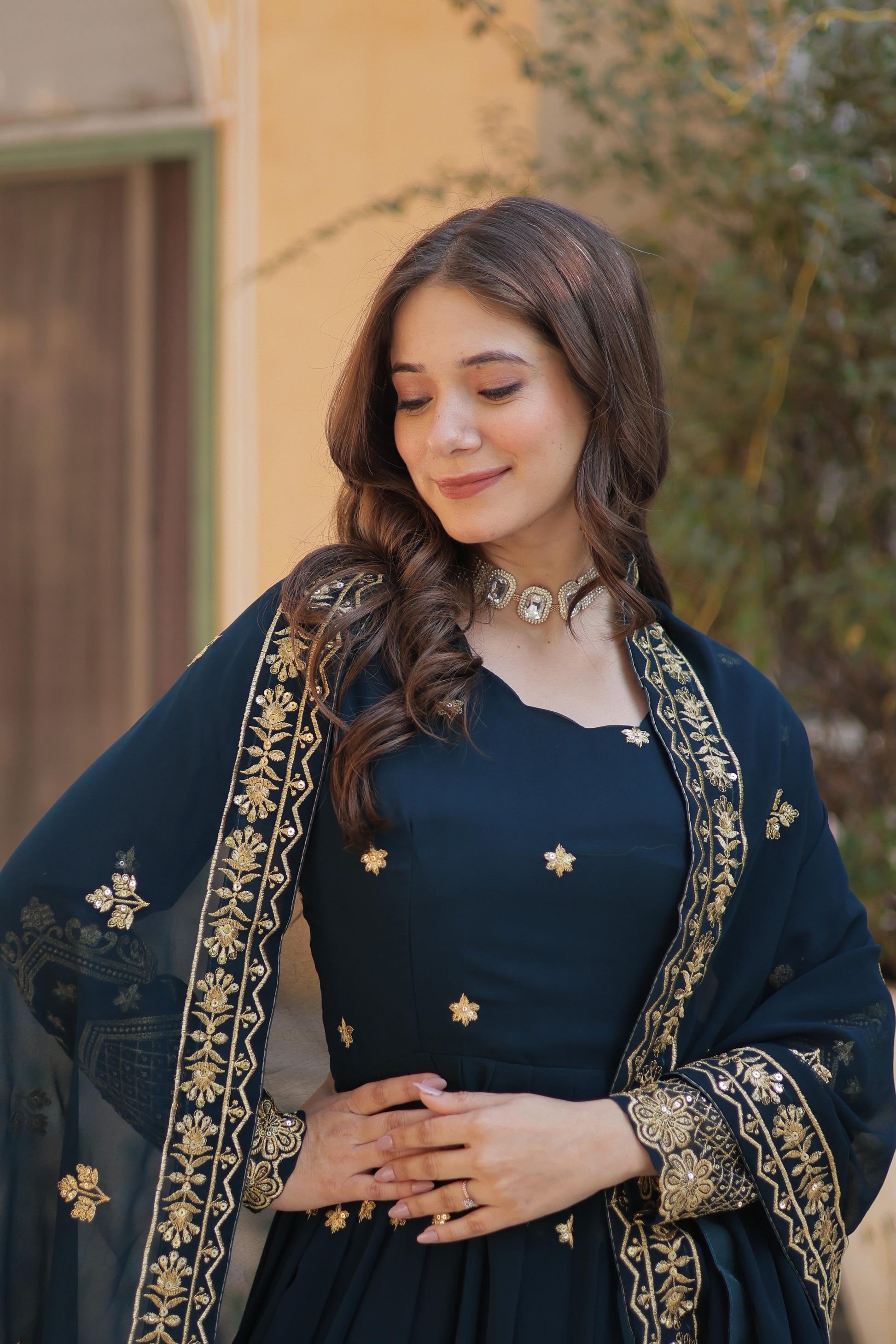 Hooriya fashions -Faux Blooming Georgette With Zari &amp; Sequins Embroidery Gown