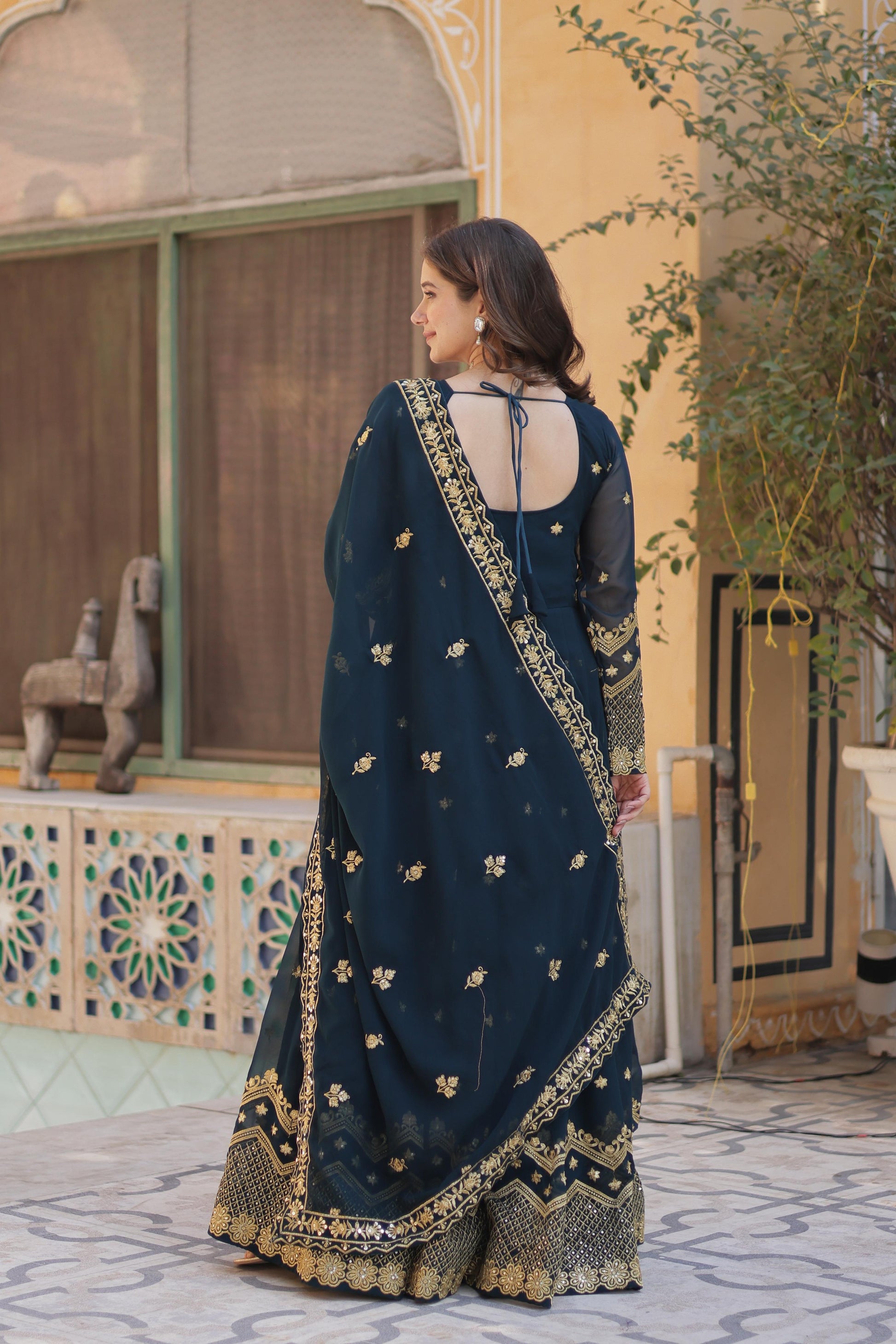 Hooriya fashions -Faux Blooming Georgette With Zari &amp; Sequins Embroidery Gown