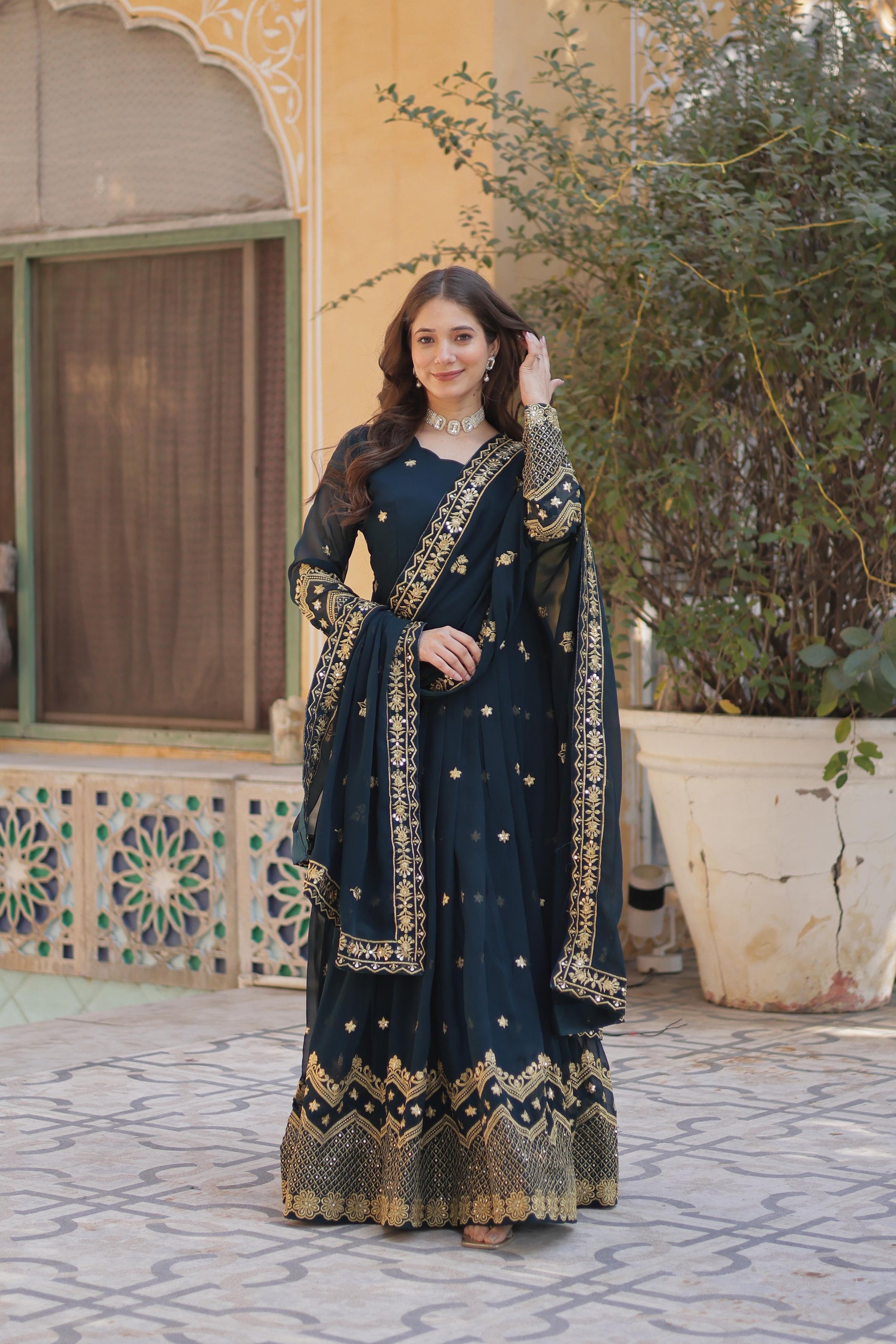 Hooriya fashions -Faux Blooming Georgette With Zari &amp; Sequins Embroidery Gown