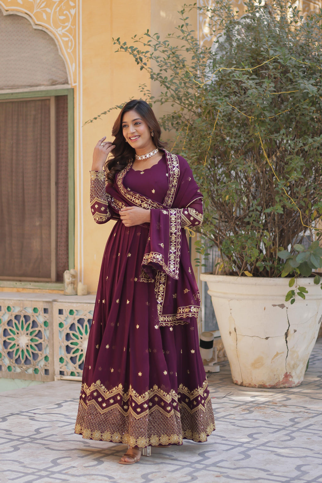 Hooriya fashions -Faux Blooming Georgette With Zari &amp; Sequins Embroidery Gown