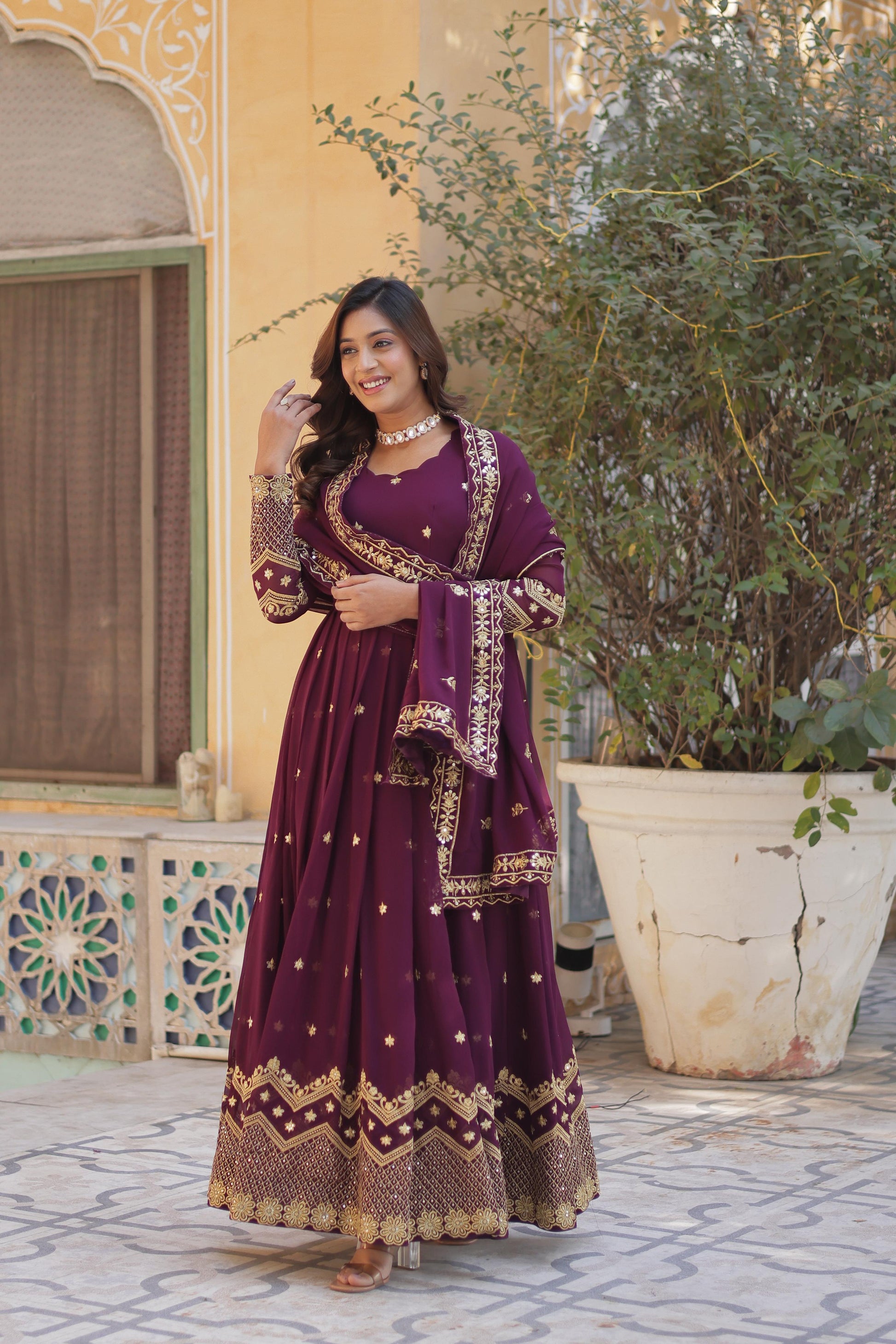 Hooriya fashions -Faux Blooming Georgette With Zari &amp; Sequins Embroidery Gown