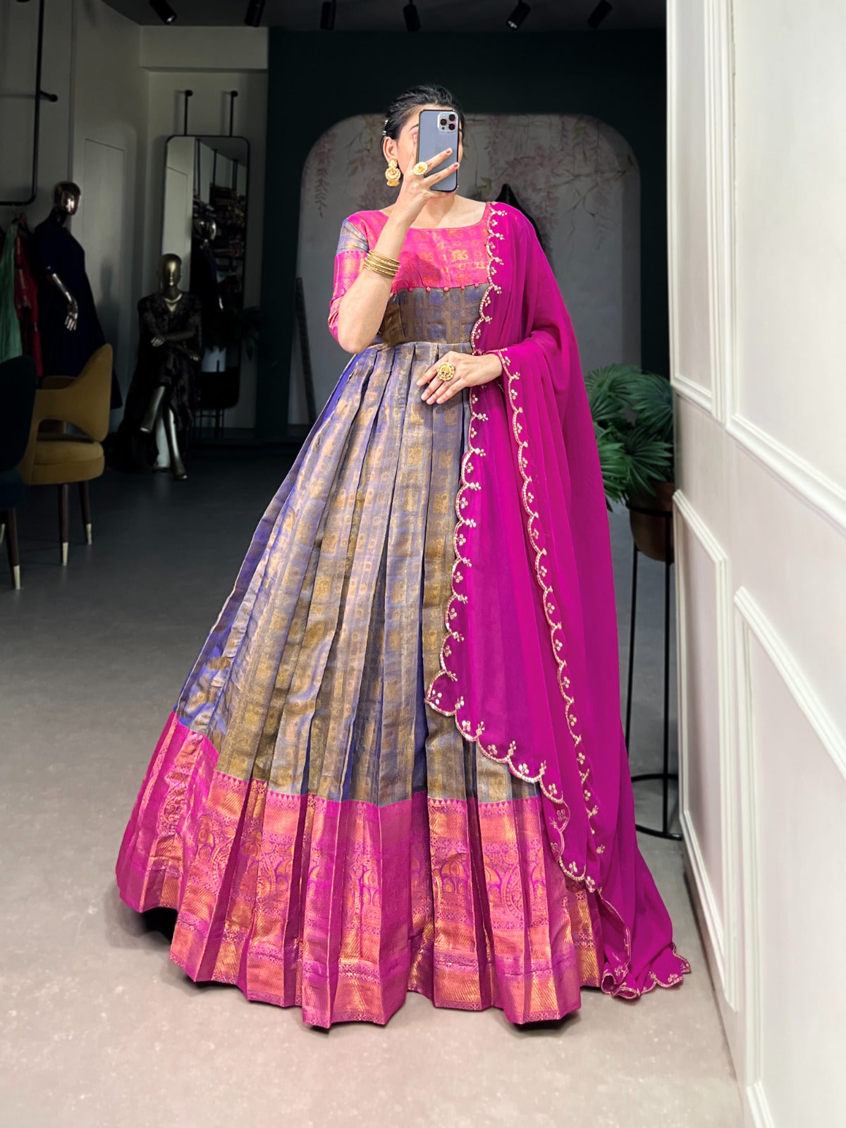 Hooriya Fashions Kanchivaram Gown Larch Size Stitched