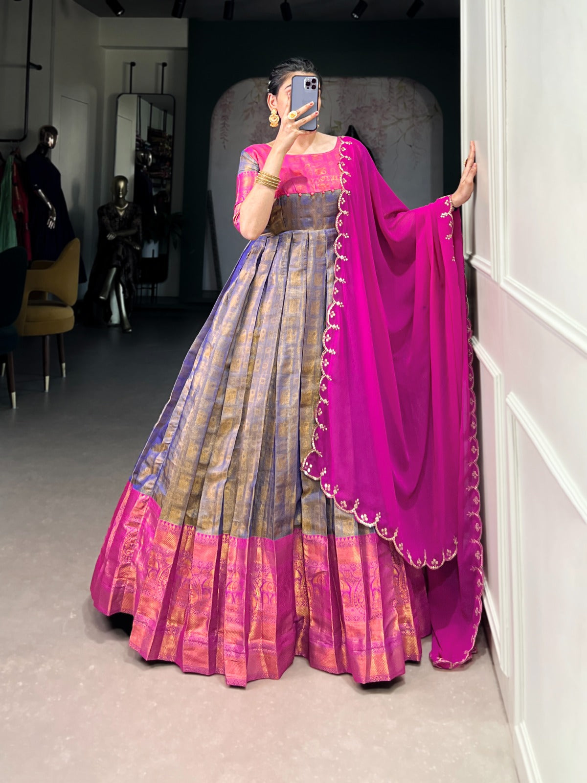 Hooriya Fashions Kanchivaram Gown Larch Size Stitched