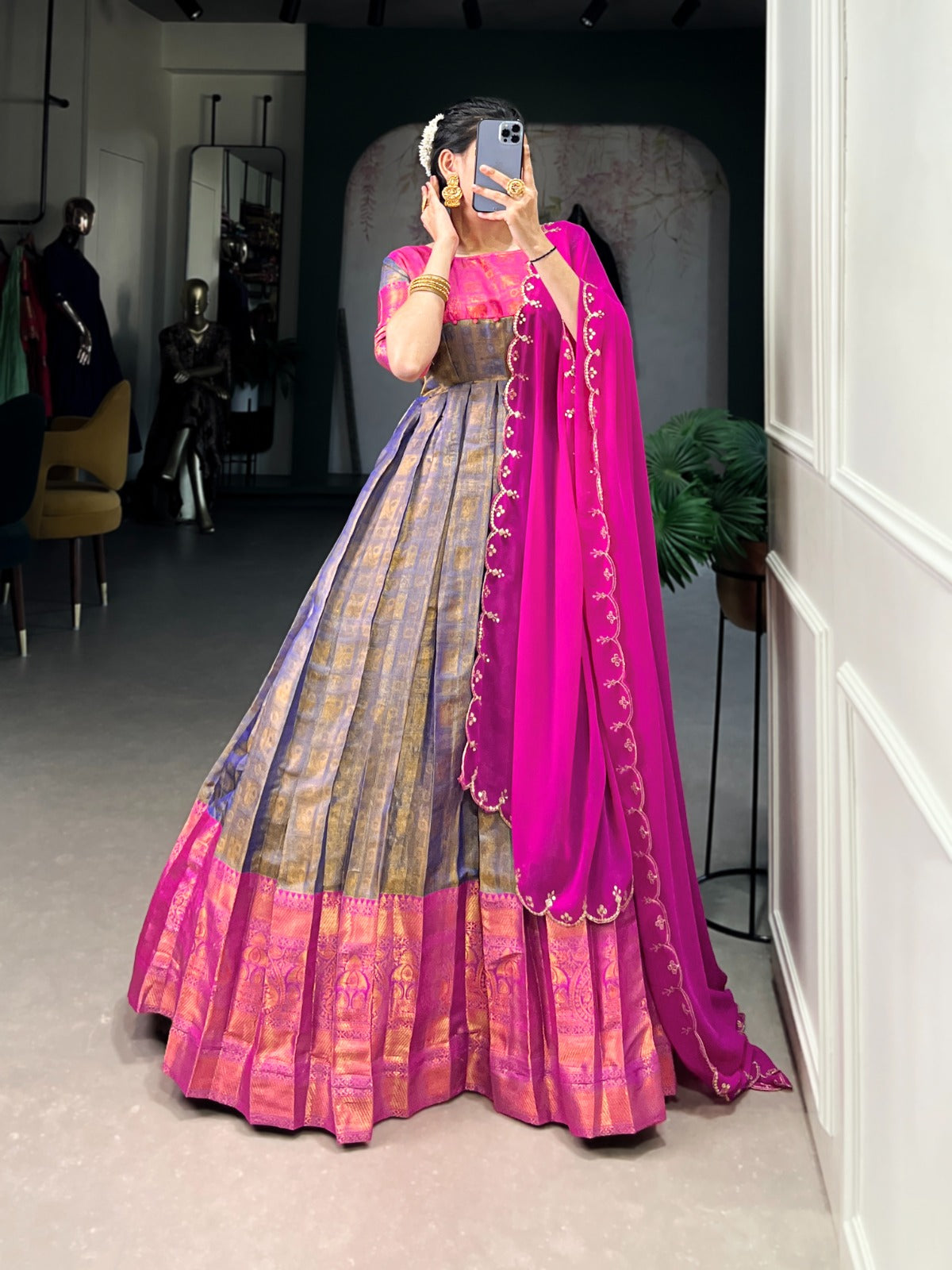 Hooriya Fashions Kanchivaram Gown Larch Size Stitched