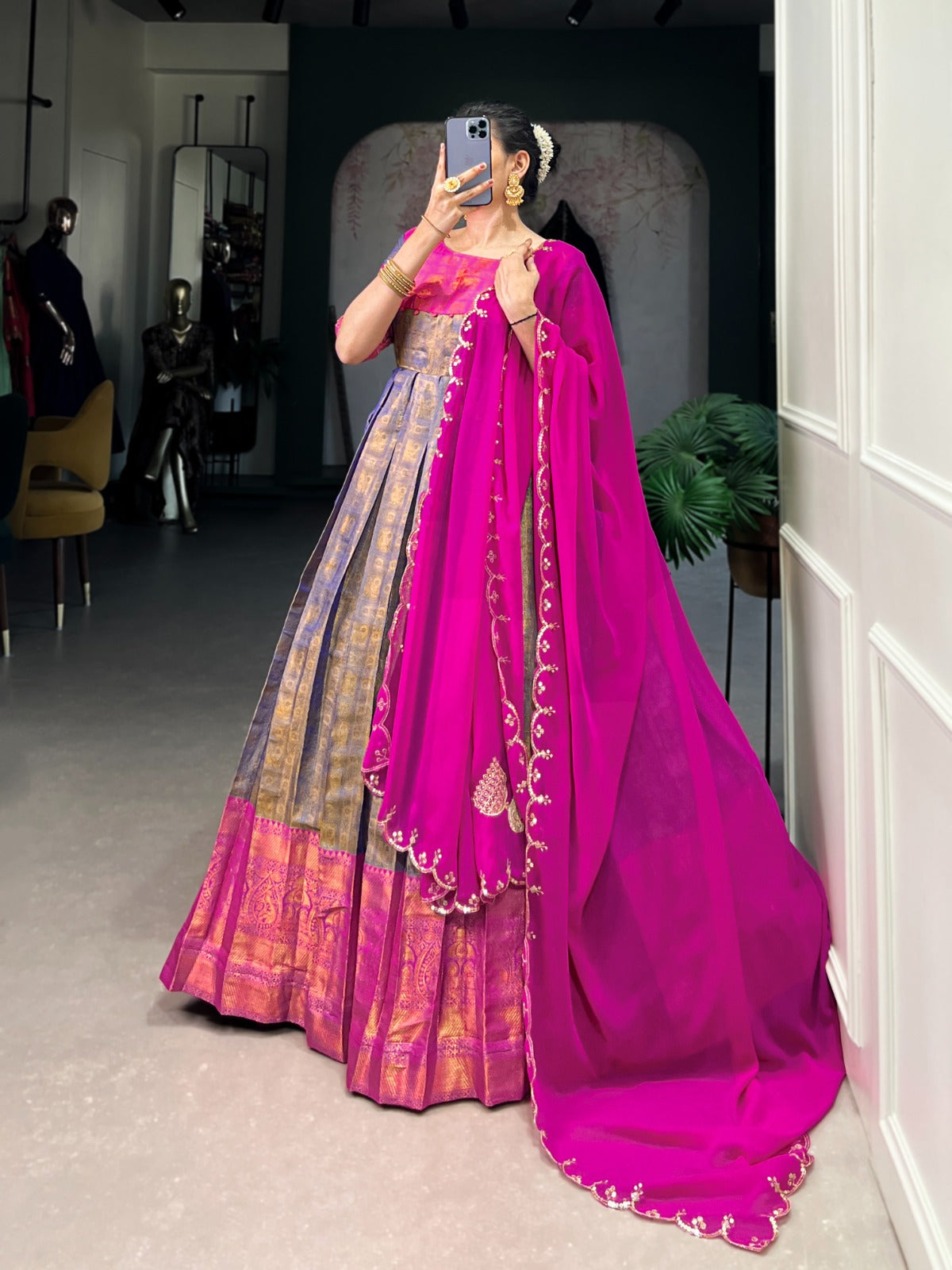 Hooriya Fashions Kanchivaram Gown Larch Size Stitched