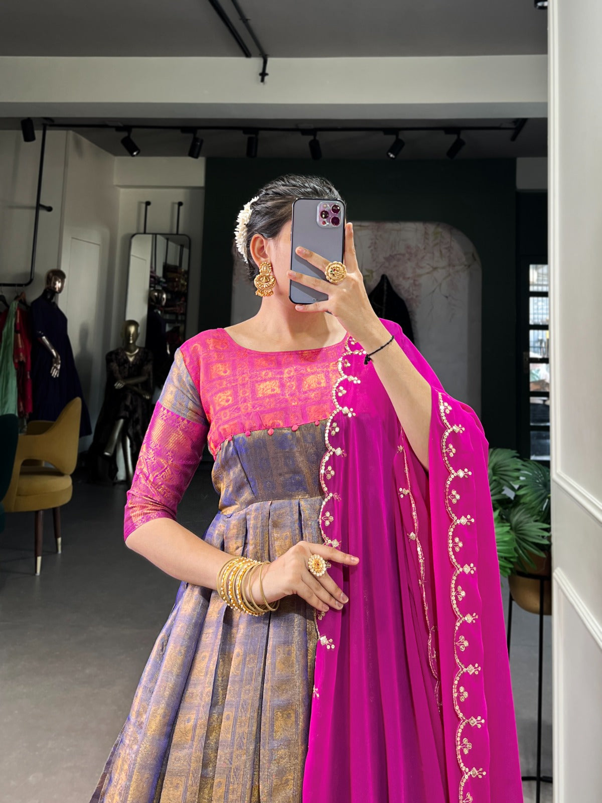 Hooriya Fashions Kanchivaram Gown Larch Size Stitched