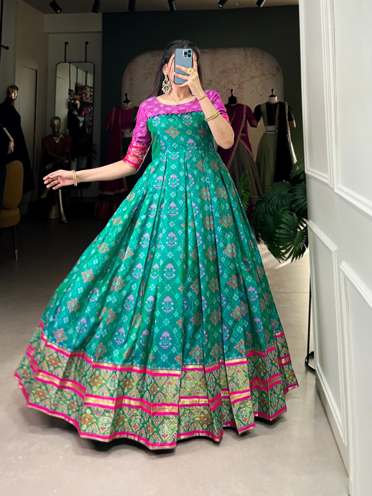 Hooriya Fashions Kanchivaram Gown Larch Size Stitched