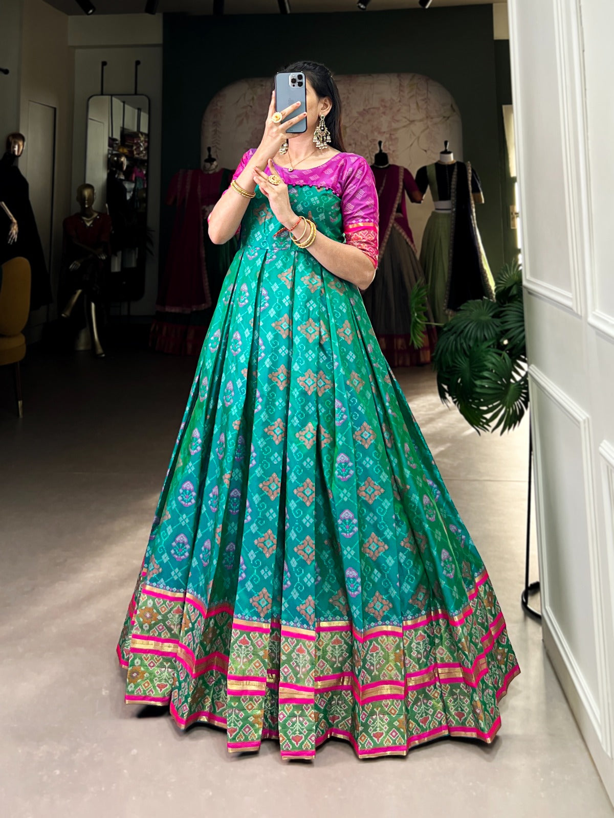Hooriya Fashions Kanchivaram Gown Larch Size Stitched