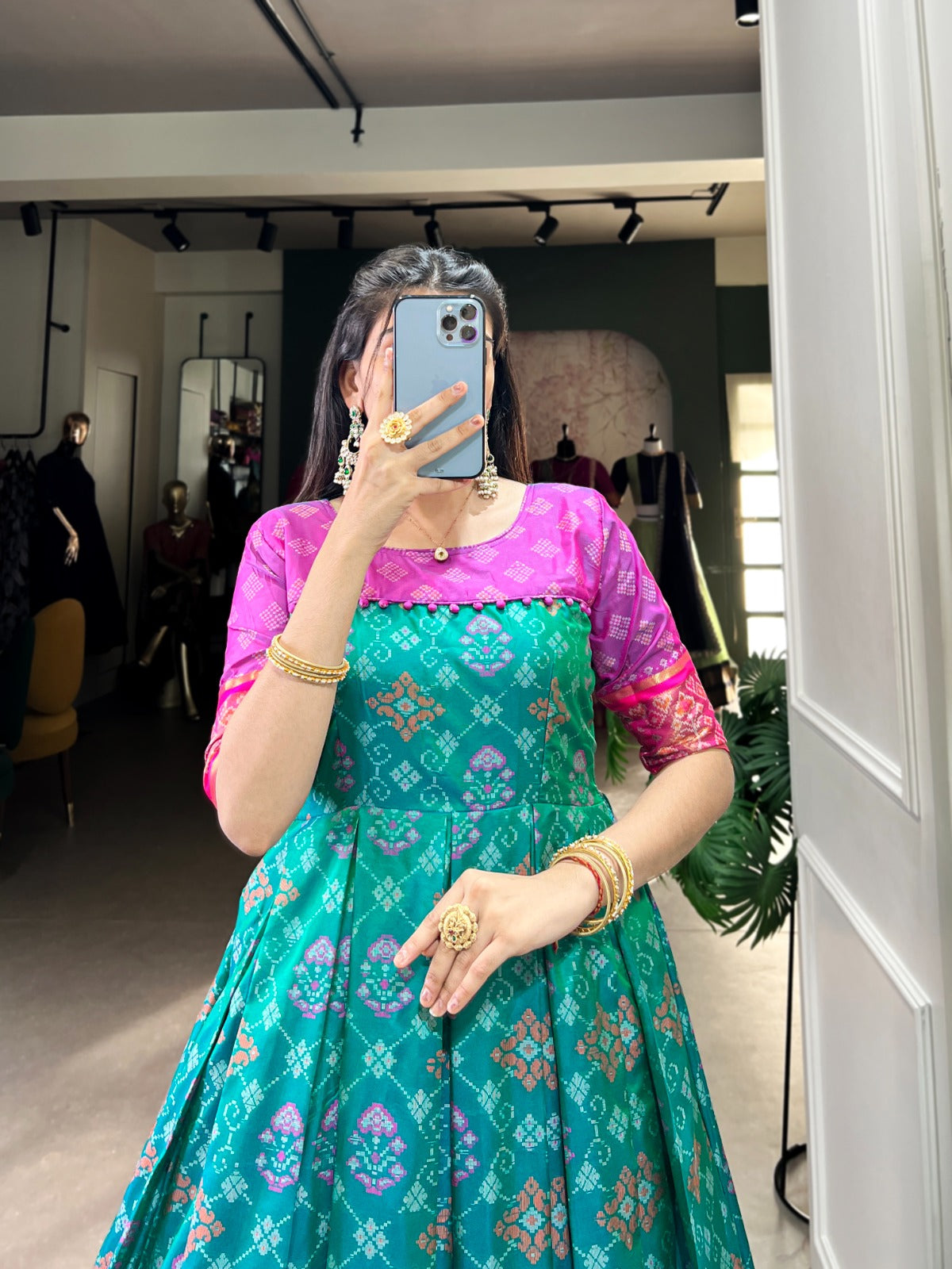 Hooriya Fashions Kanchivaram Gown Larch Size Stitched
