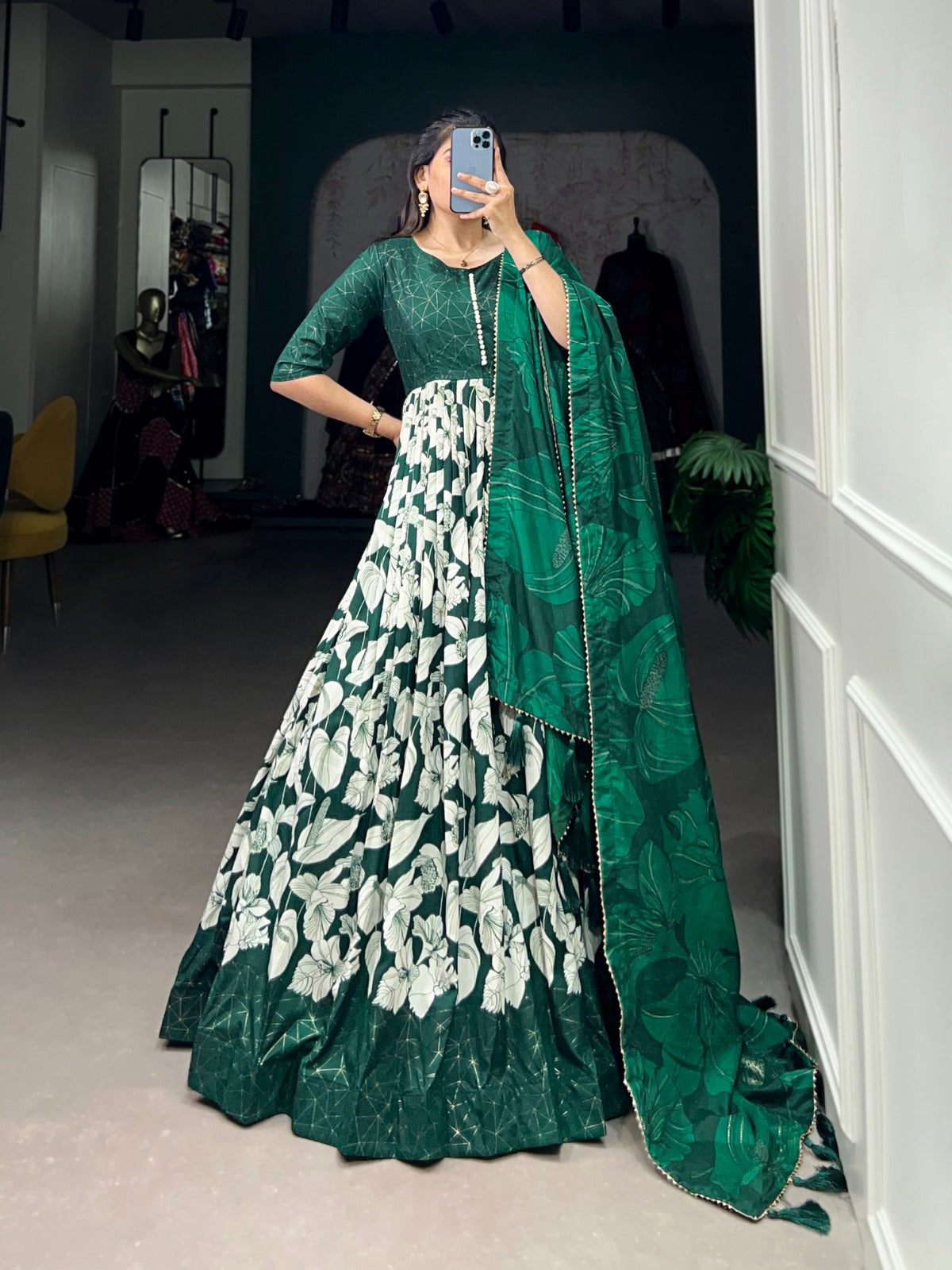 Hooriya fashions -  Tussar Silk Printed Gown.